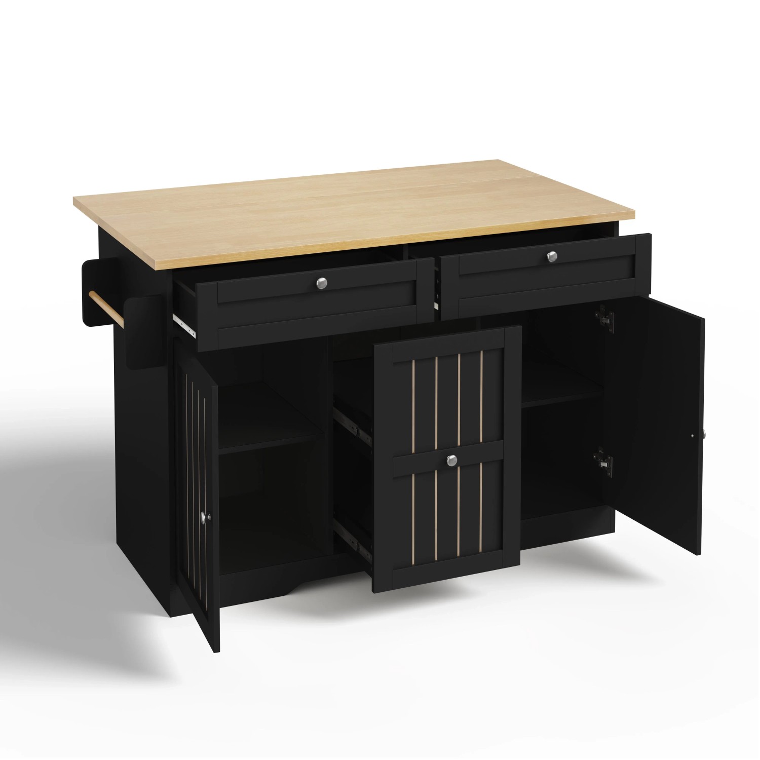 okwish Kücheninsel mit Klappbarer Arbeitsplatte Schubladen Rollen Küche 120x45x92cm Schwarz