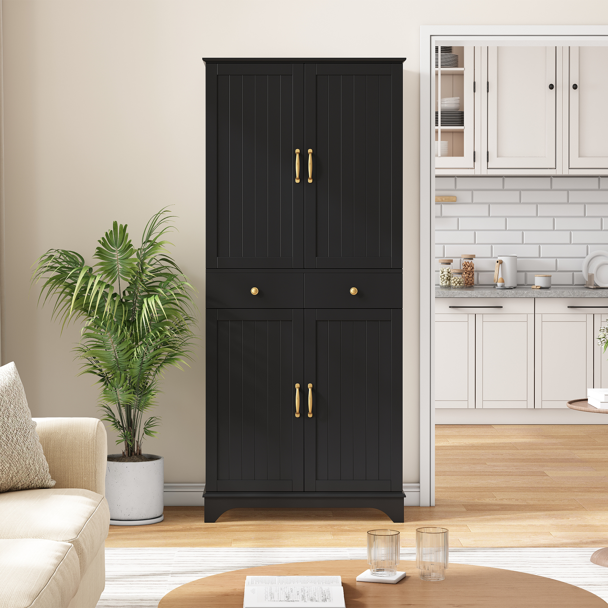 okwish Hochschrank mit Verstellbare Böden Schubladen Bücherregal Küche 77x40x181cm Schwarz
