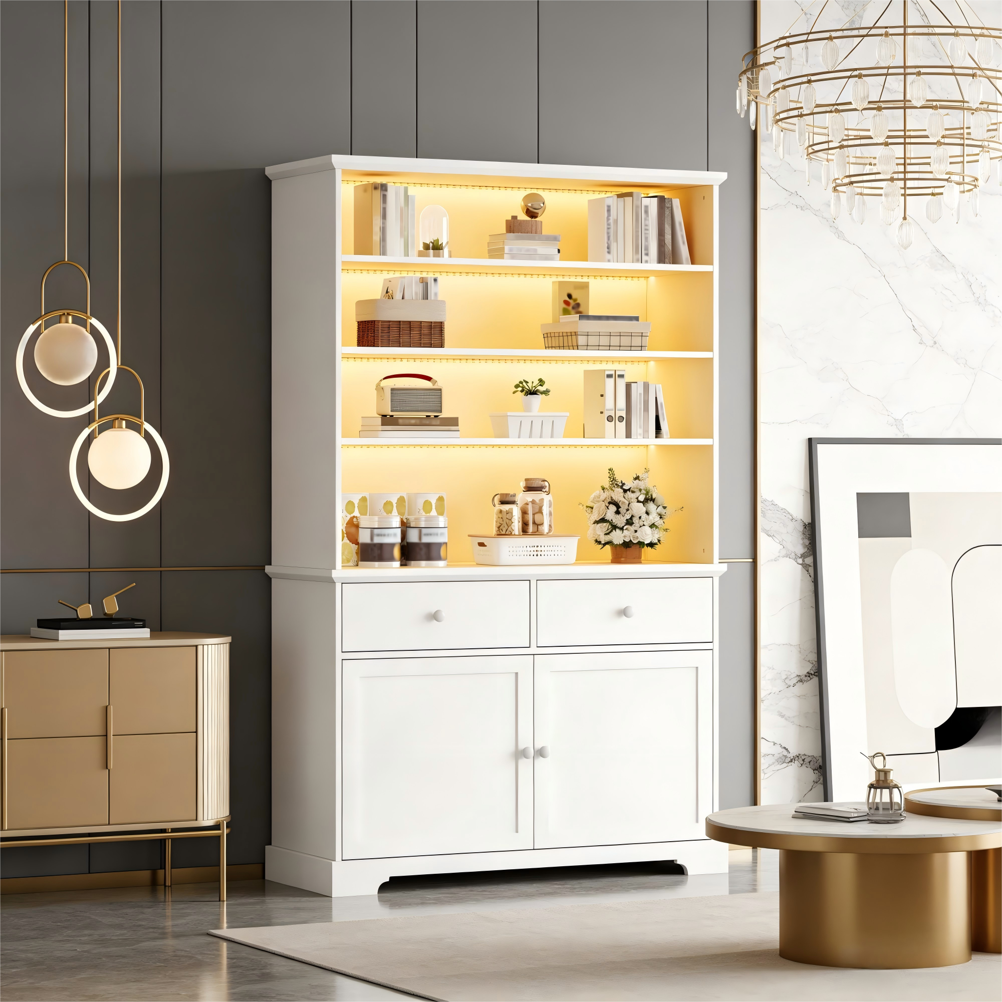okwish Vitrine mit LED Beleuchtung Schubladen Bücherregal Wohnzimmer 100x38x170cm Weiß