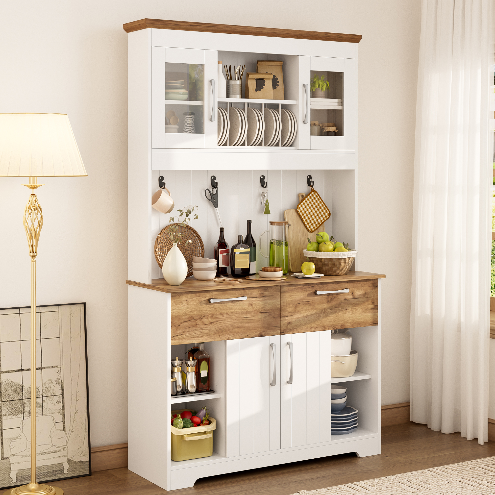 okwish Küchenbuffet mit Vitrinenfächern Schubladen Hakenleiste Küche 106x39x176.5cm Weiß
