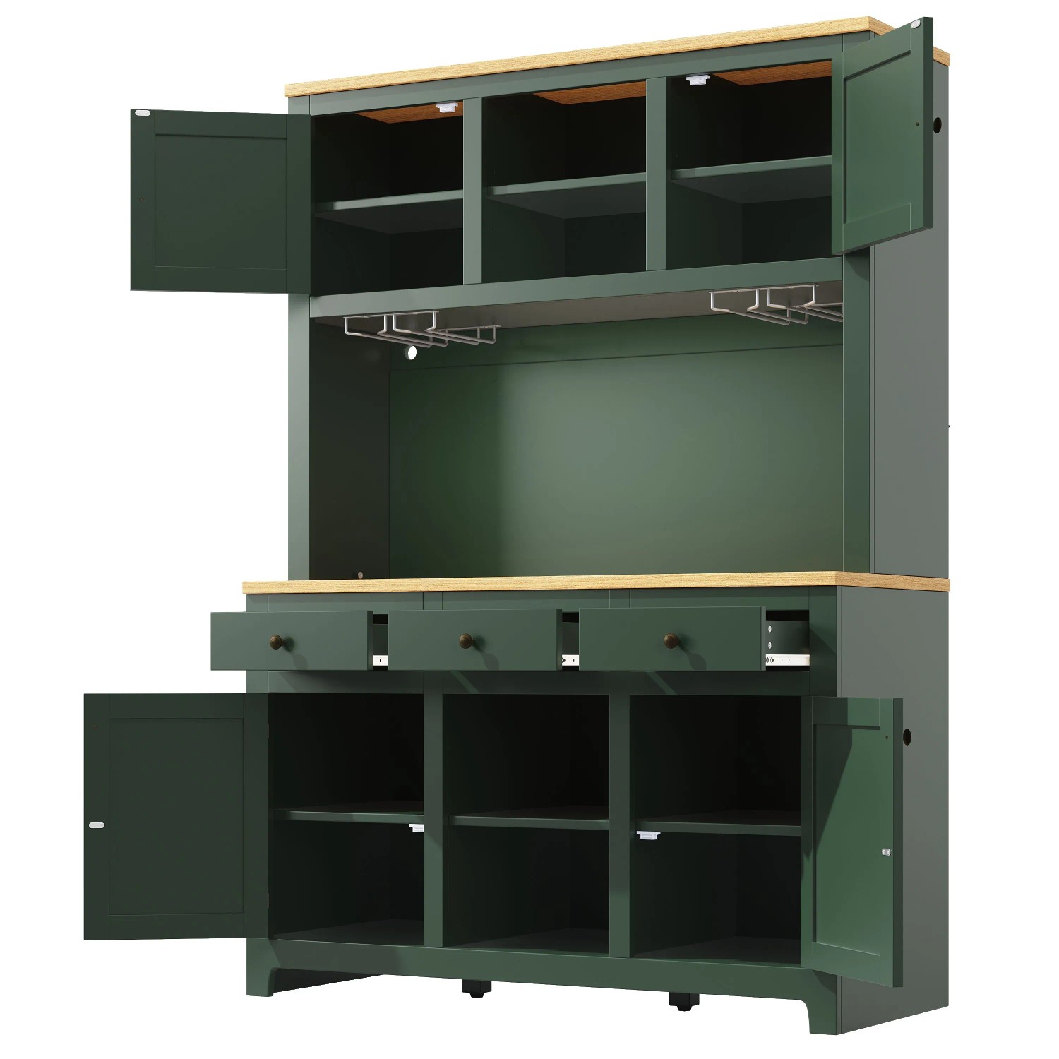 okwish Hochschrank mit LED Lichtsystem Rattan Kippsicherung Küche 120x40x180cm Grün