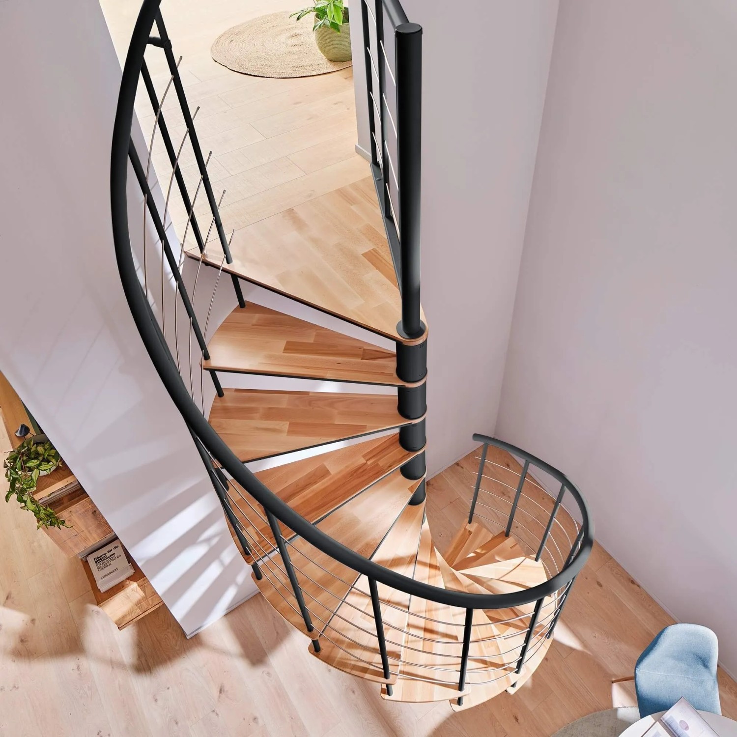 Treppen Intercon Wendeltreppe Select 140 cm Durchmesser 14 Stufen Metallfarbe Lava-Anthrazit Stufendesign Buche Natur