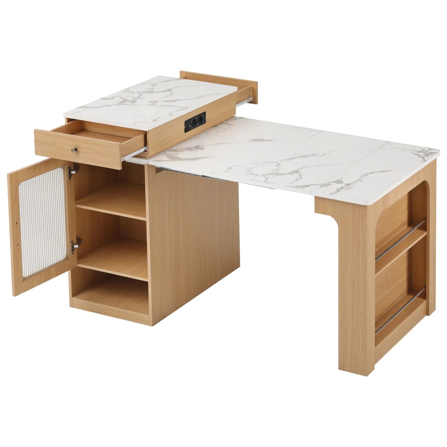 okwish Kücheninsel mit Rollen Ausziehbarer Tisch Steckdosen Küche 80x71-111-151x92cm Natur