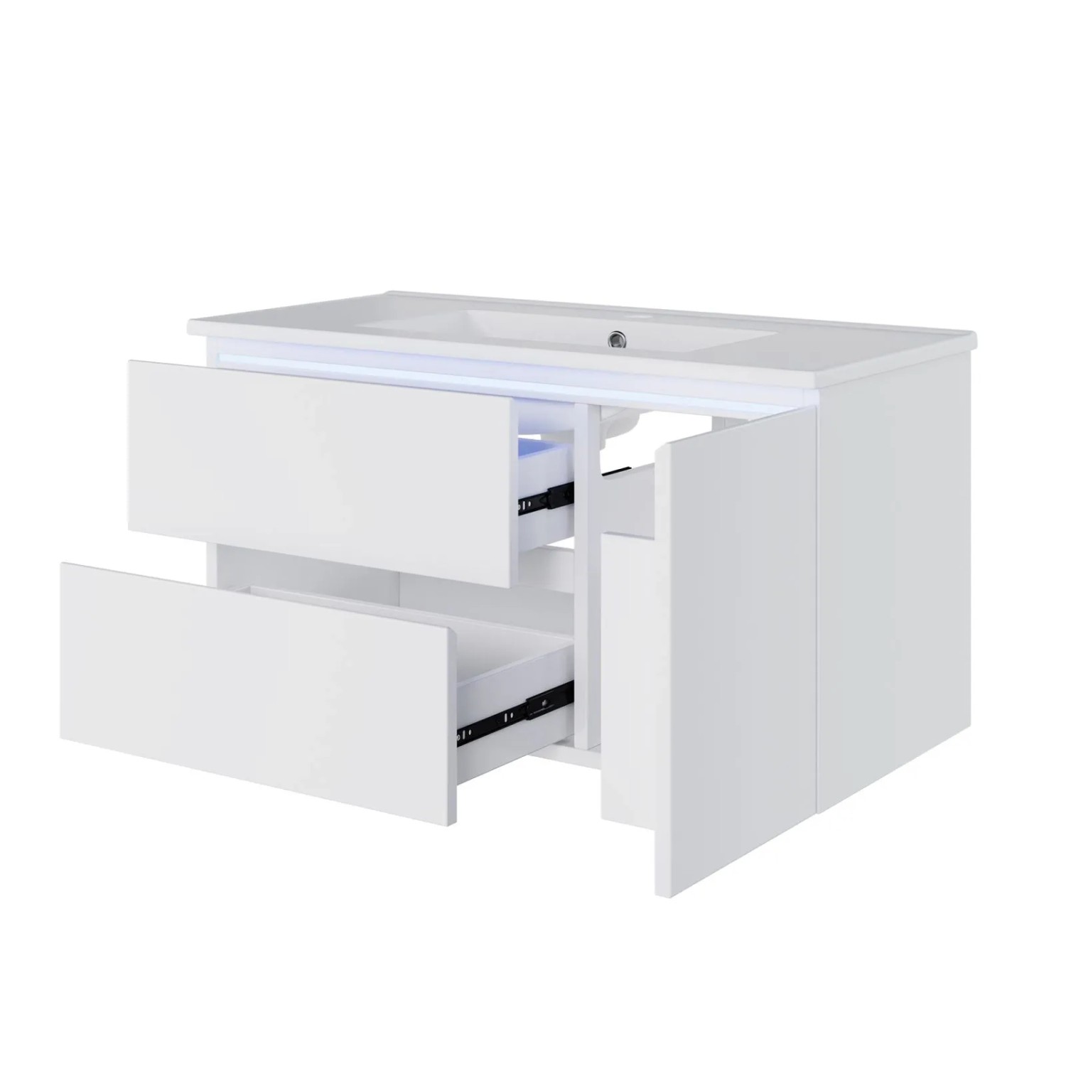 PXloue Waschtisch mit Unterschrank 91cm Wandhängend Badmöbel Set Keramik Waschbecken LED Sensor Weiß