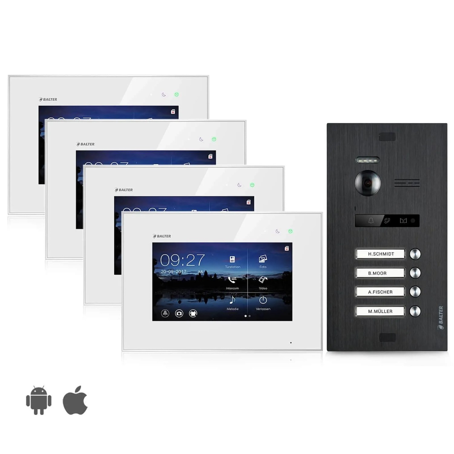 Balter EVO Video-Türsprechanlage für Vierfamilienhaus mit 4x 7 Zoll Monitor Weiß-Schwarz