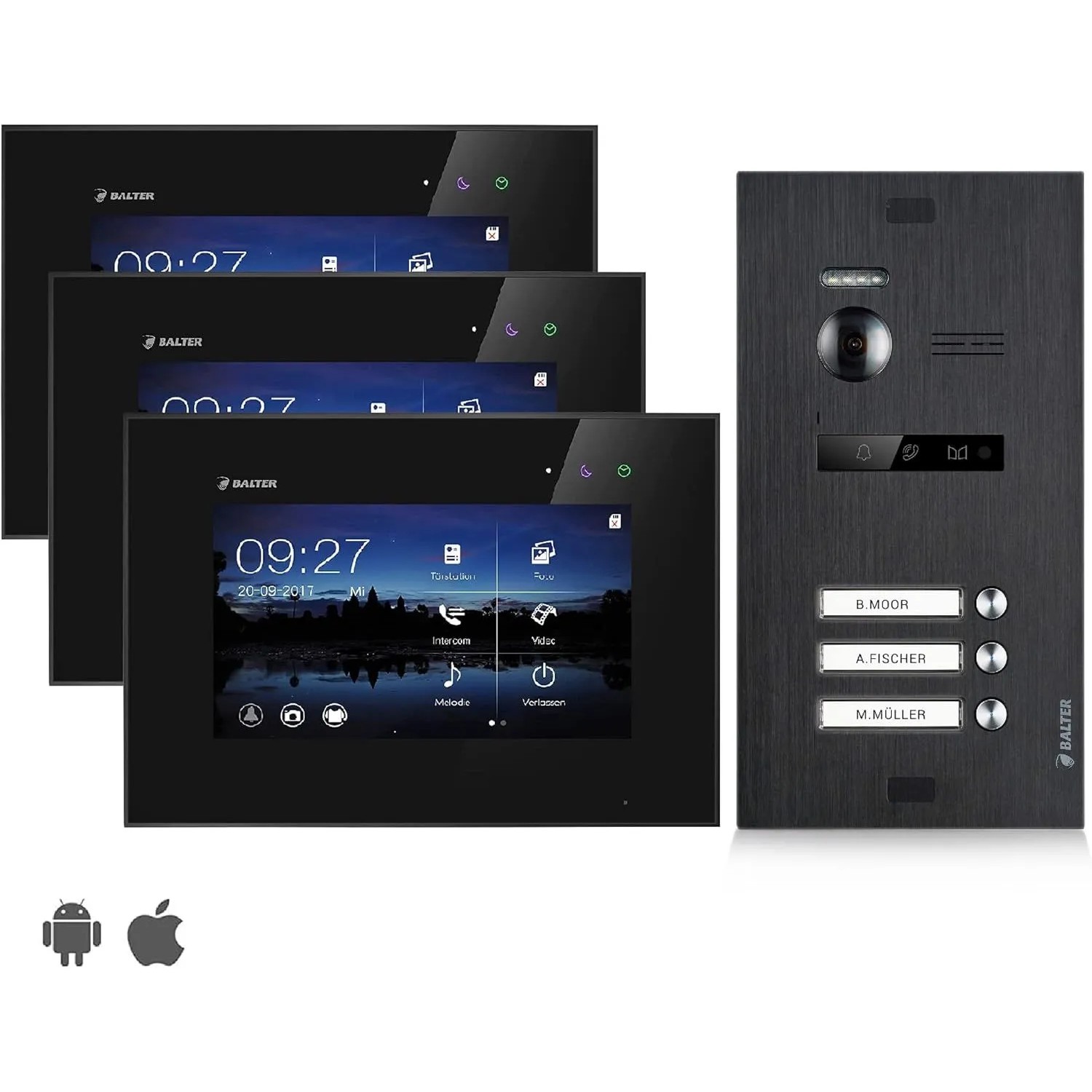 Balter EVO Video-Türsprechanlage für Dreifamilienhaus mit 3x 7 Zoll Monitor Schwarz