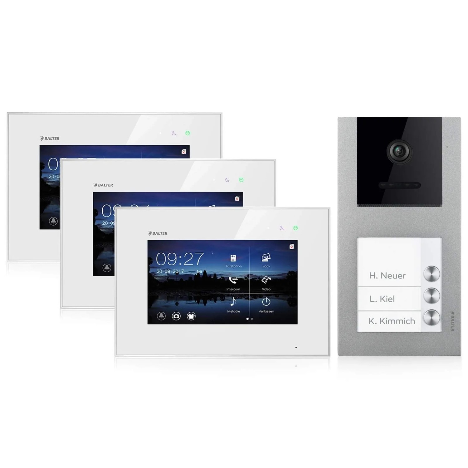 Balter EVO Video-Türsprechanlage Aufputz mit App für Dreifamilienhaus mit 3x 7 Zoll Monitor Silber-Weiß