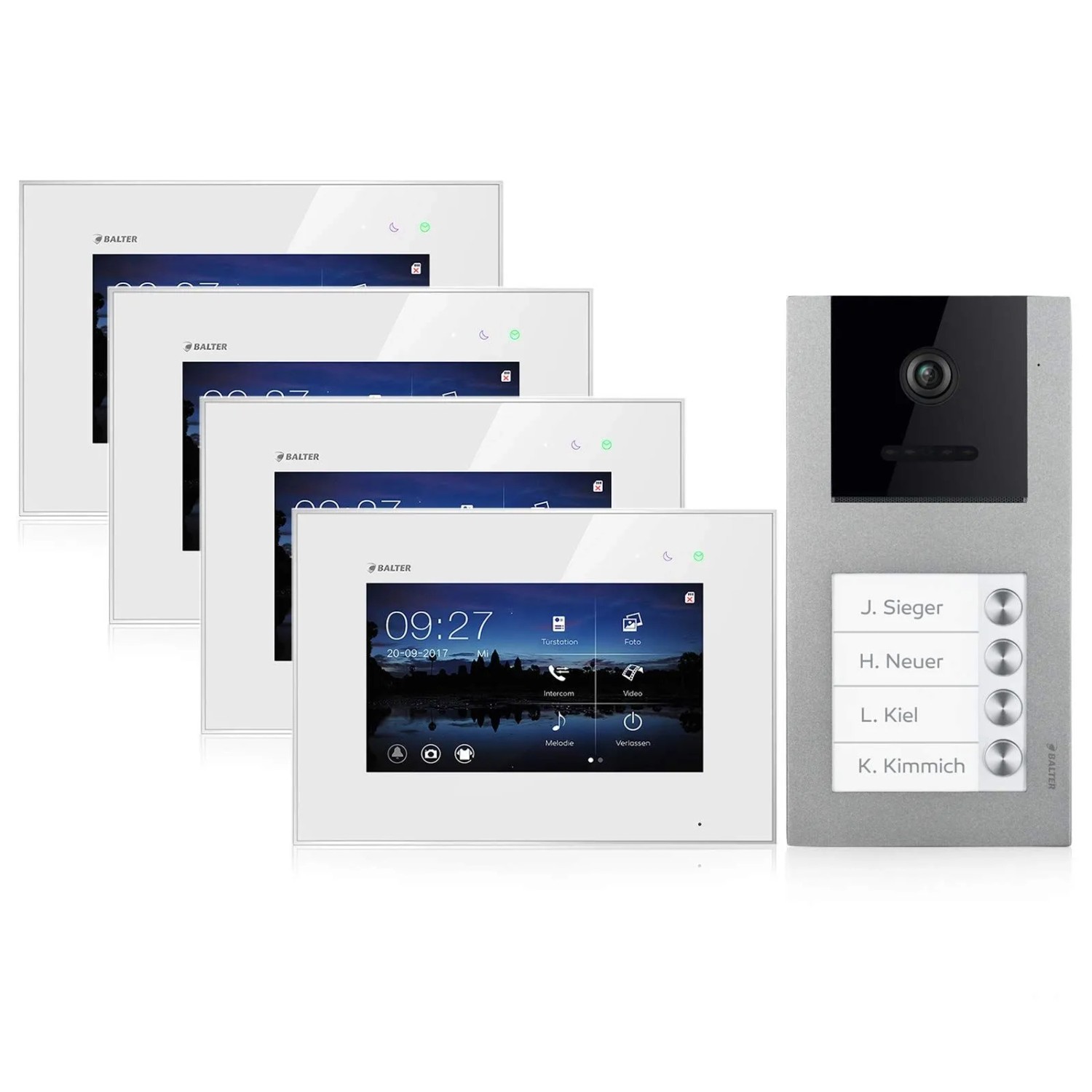 Balter EVO Video-Türsprechanlage Aufputz mit App für Vierfamilienhaus mit 4x 7 Zoll Monitor Silber-Weiß