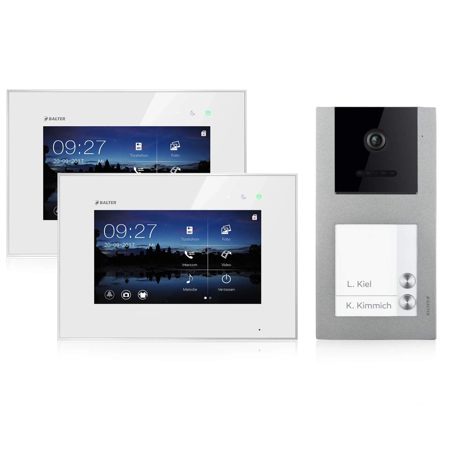 Balter EVO Video-Türsprechanlage Aufputz mit App für Zweifamlilienhaus mit 2x 7 Zoll Monitor Silber-Weiß