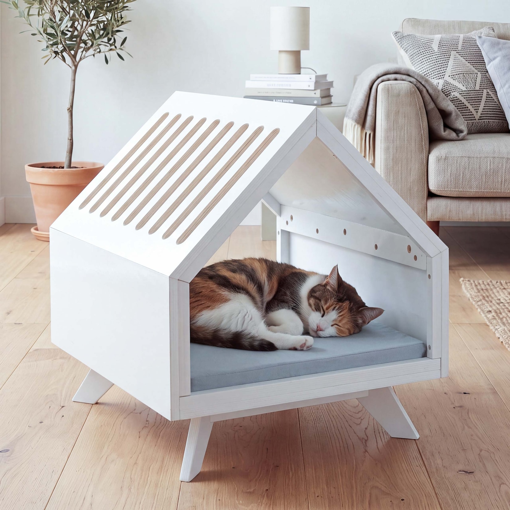 Schlafhütte MCW-Q65, für Haustiere Katzen-/Hundebett Tierhaus Holz MVG 58x50x60cm ~ weiß, Kissen grau