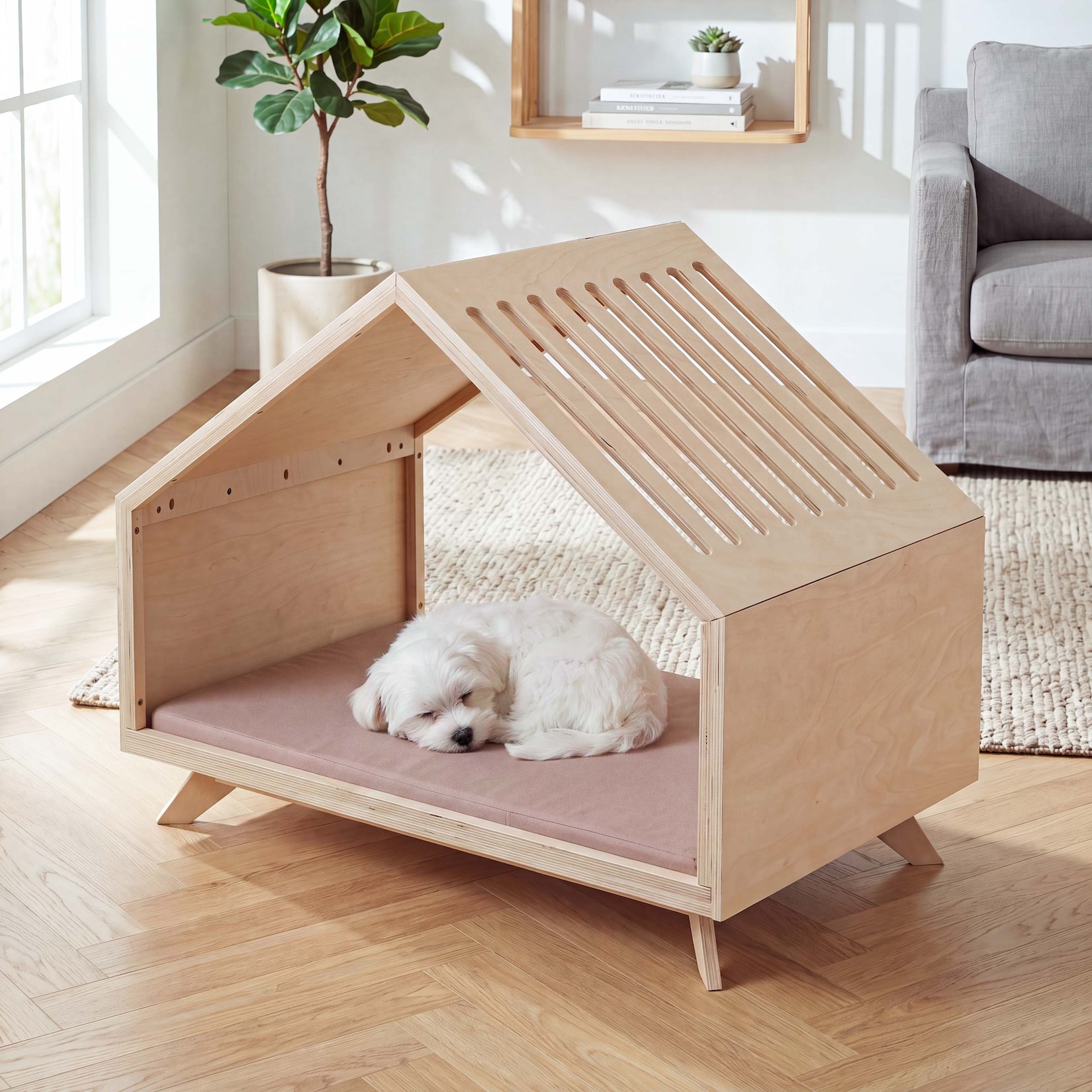 Schlafhütte MCW-Q65, für Haustiere Katzen-/Hundebett Tierhaus Holz MVG 80x100x60cm ~ natur, Kissen beige