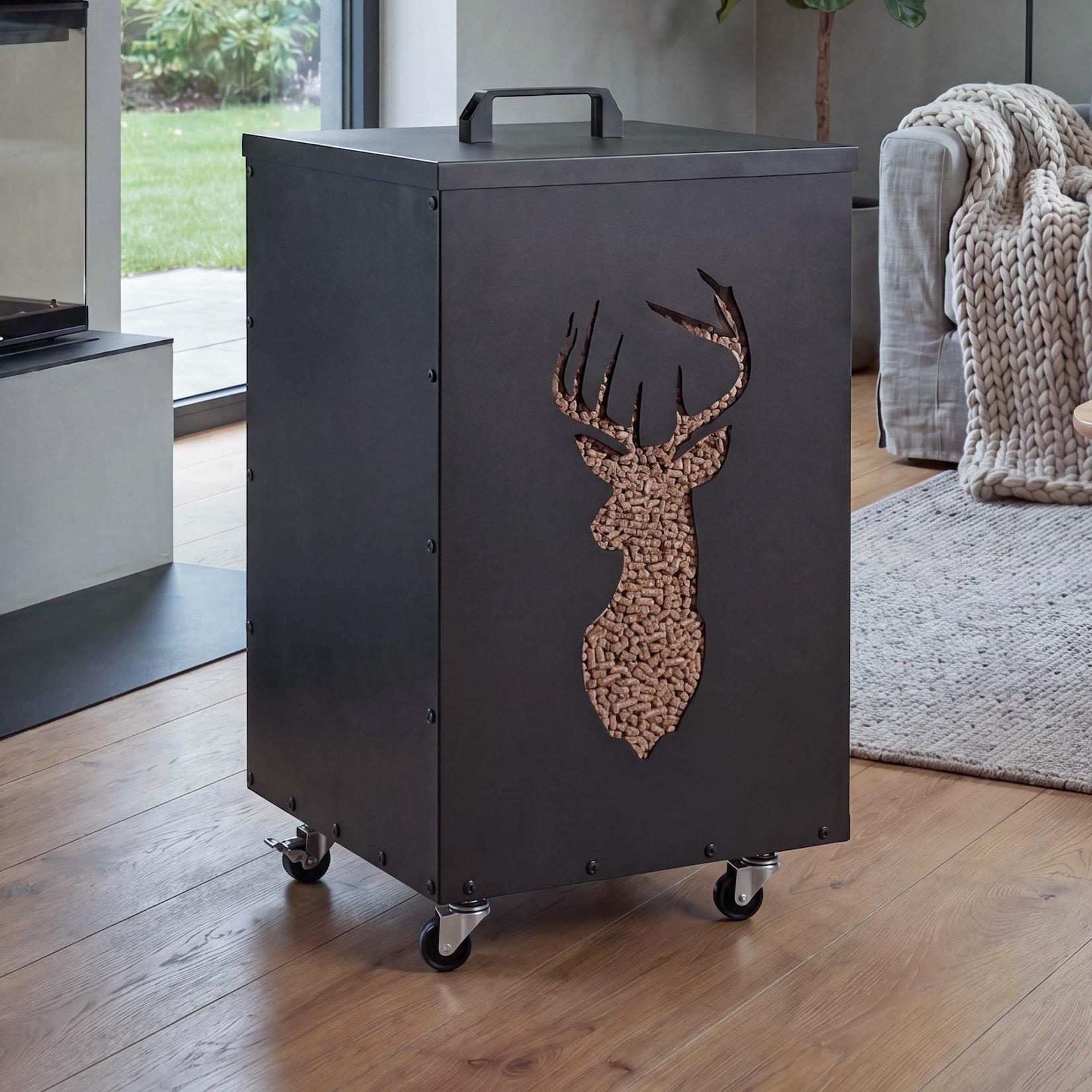 Pelletbehälter MCW-Q30 Hirsch, Pelletbox Aufbewahrungsbox für z.B. Tierfutter, Rollen Füße 65x36x36cm ~ anthrazit