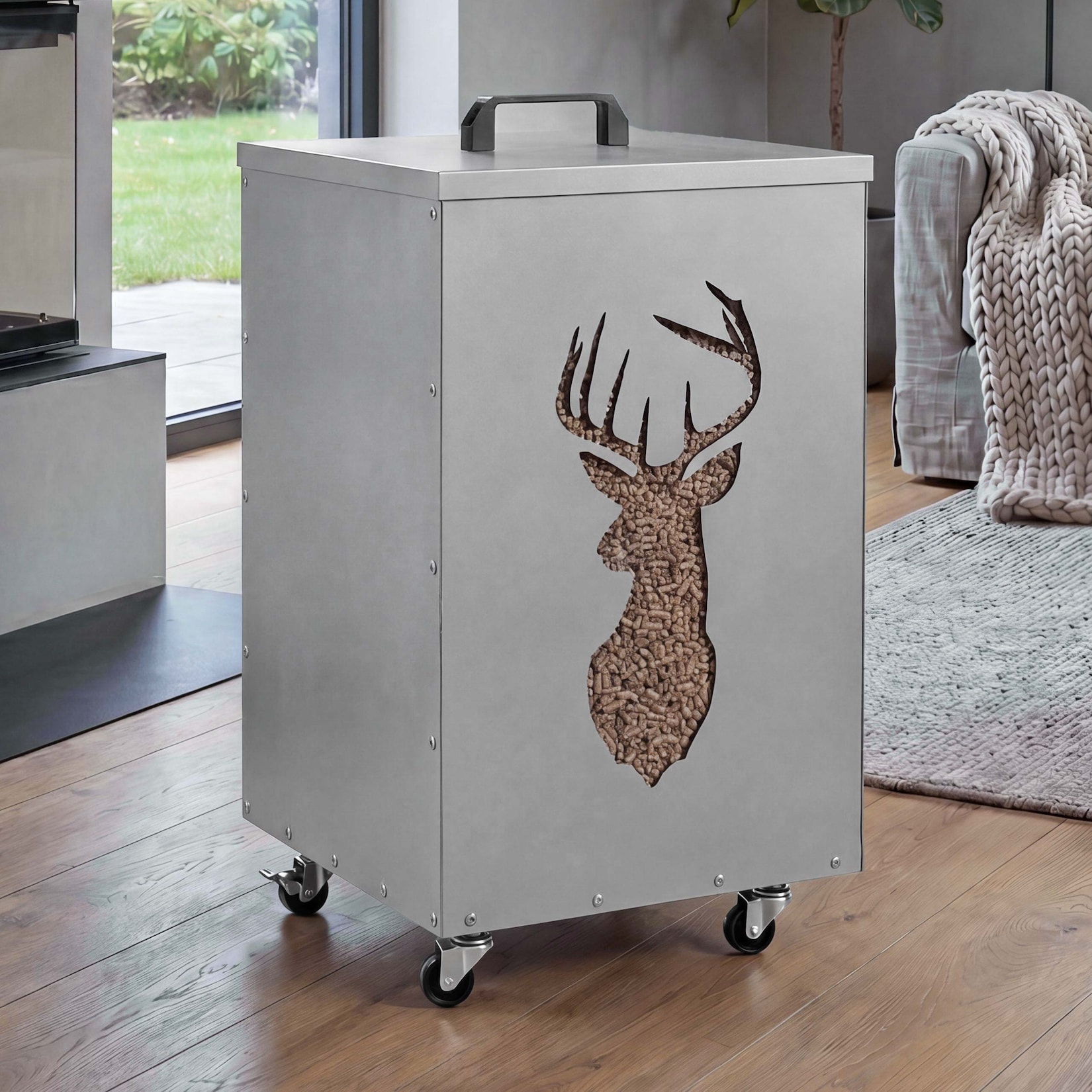 Pelletbehälter MCW-Q30 Hirsch, Pelletbox Aufbewahrungsbox für z.B. Tierfutter, Rollen Füße 65x36x36cm ~ weiß-hellgrau