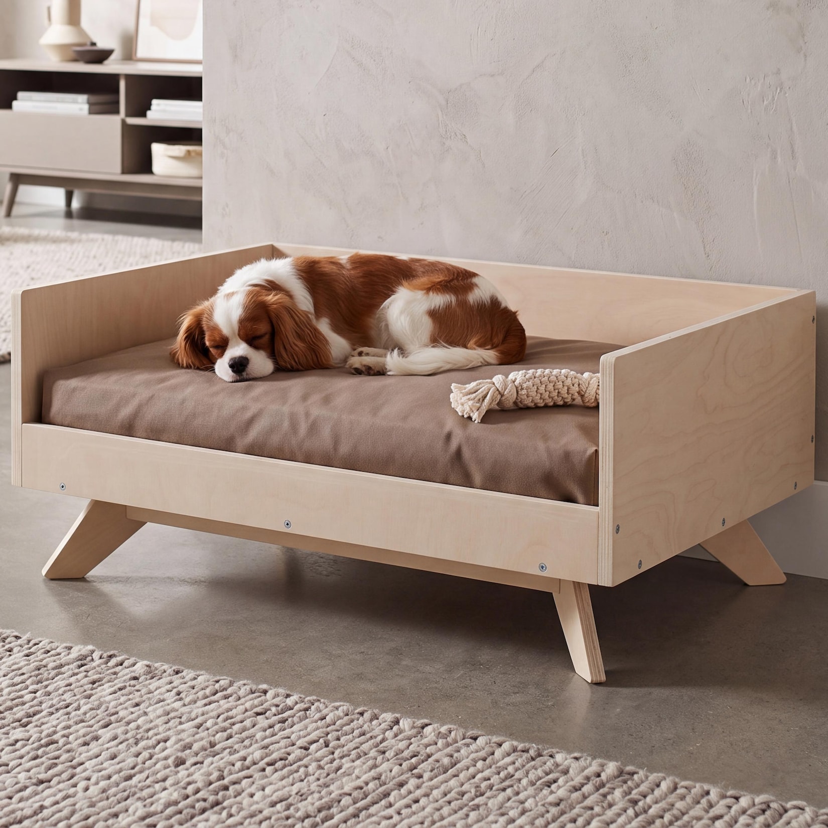 Tierbett MCW-Q64, Haustierbett Katzen-/Hundebett Tierkörbchen Tierliege, Holz MVG 32x72x50cm ~ natur, Kissen beige