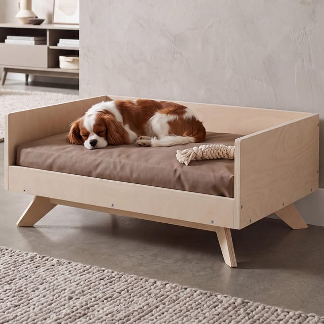 Tierbett MCW-Q64, Haustierbett Katzen-/Hundebett Tierkörbchen Tierliege, Holz MVG 32x72x50cm ~ natur, Kissen beige