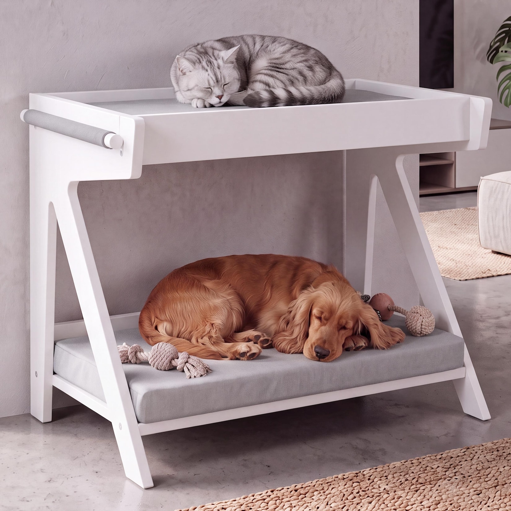 Tierbett MCW-Q63, für Haustiere Tierhaus Katzen-/Hundebett Haustierliege Holz MVG 80x104x60cm ~ weiß, Kissen grau
