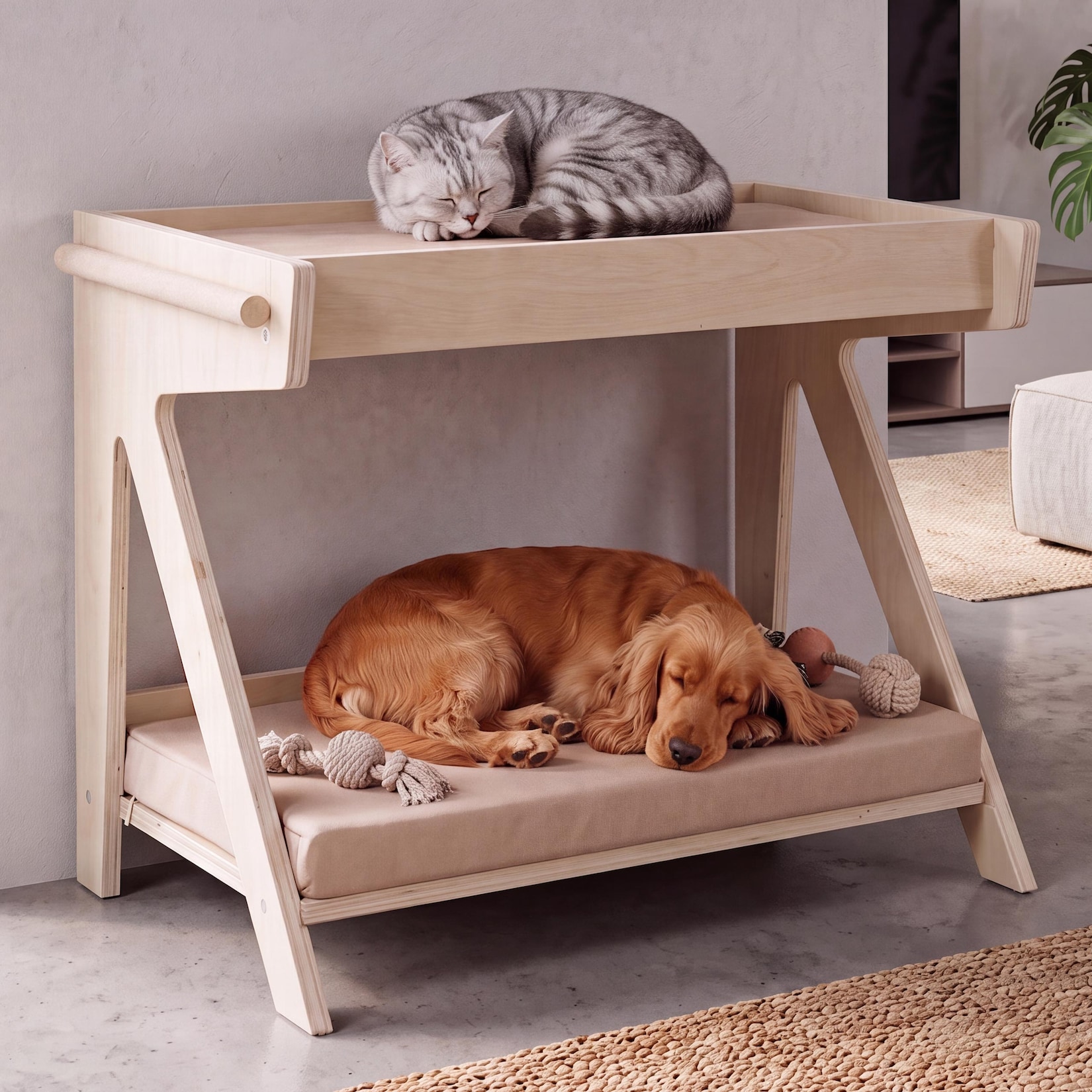 Tierbett MCW-Q63, für Haustiere Tierhaus Katzen-/Hundebett Haustierliege, Holz MVG 80x104x60cm ~ natur, Kissen beige