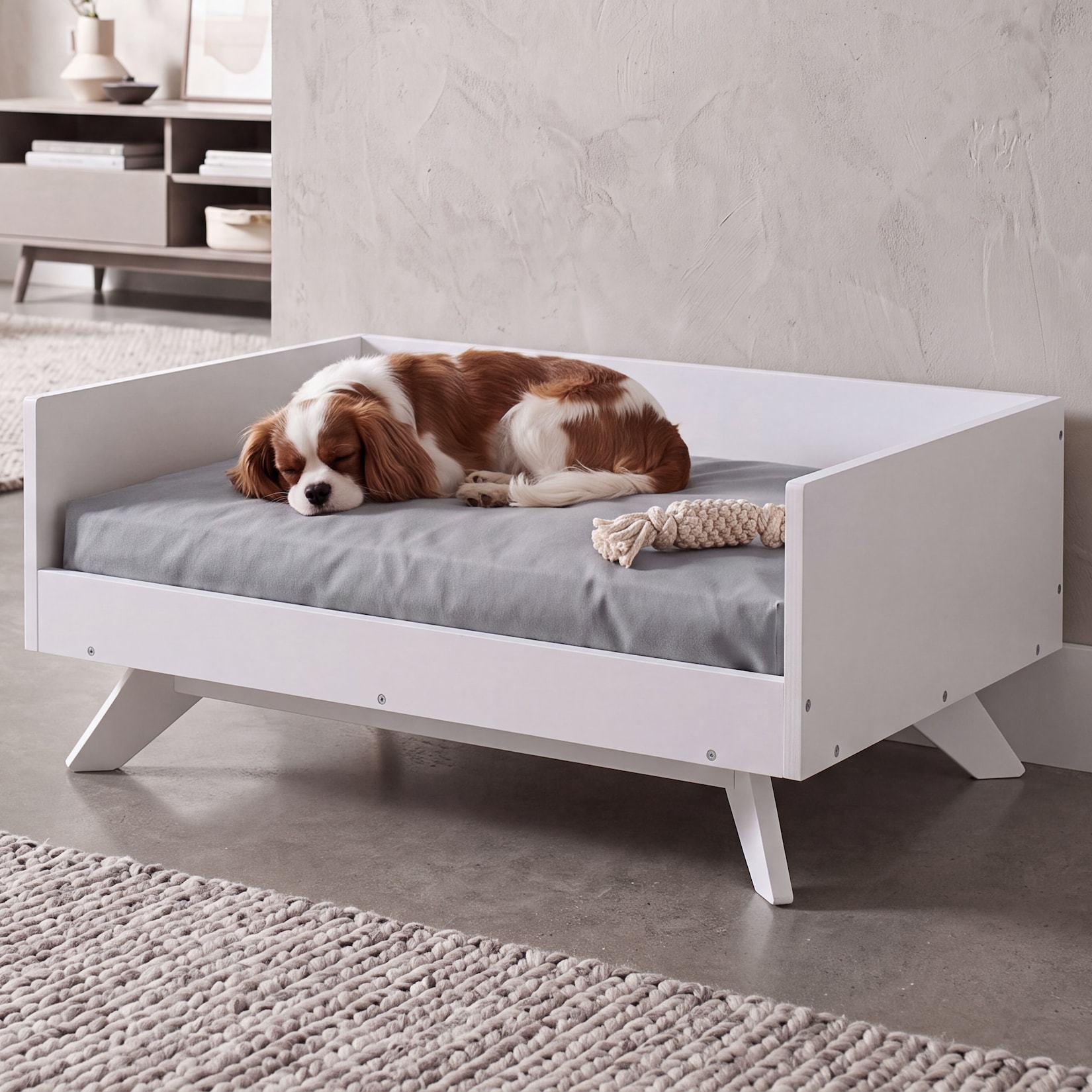 Tierbett MCW-Q64, Haustierbett Katzen-/Hundebett Tierkörbchen Tierliege, Holz MVG 32x72x50cm ~ weiß, Kissen grau