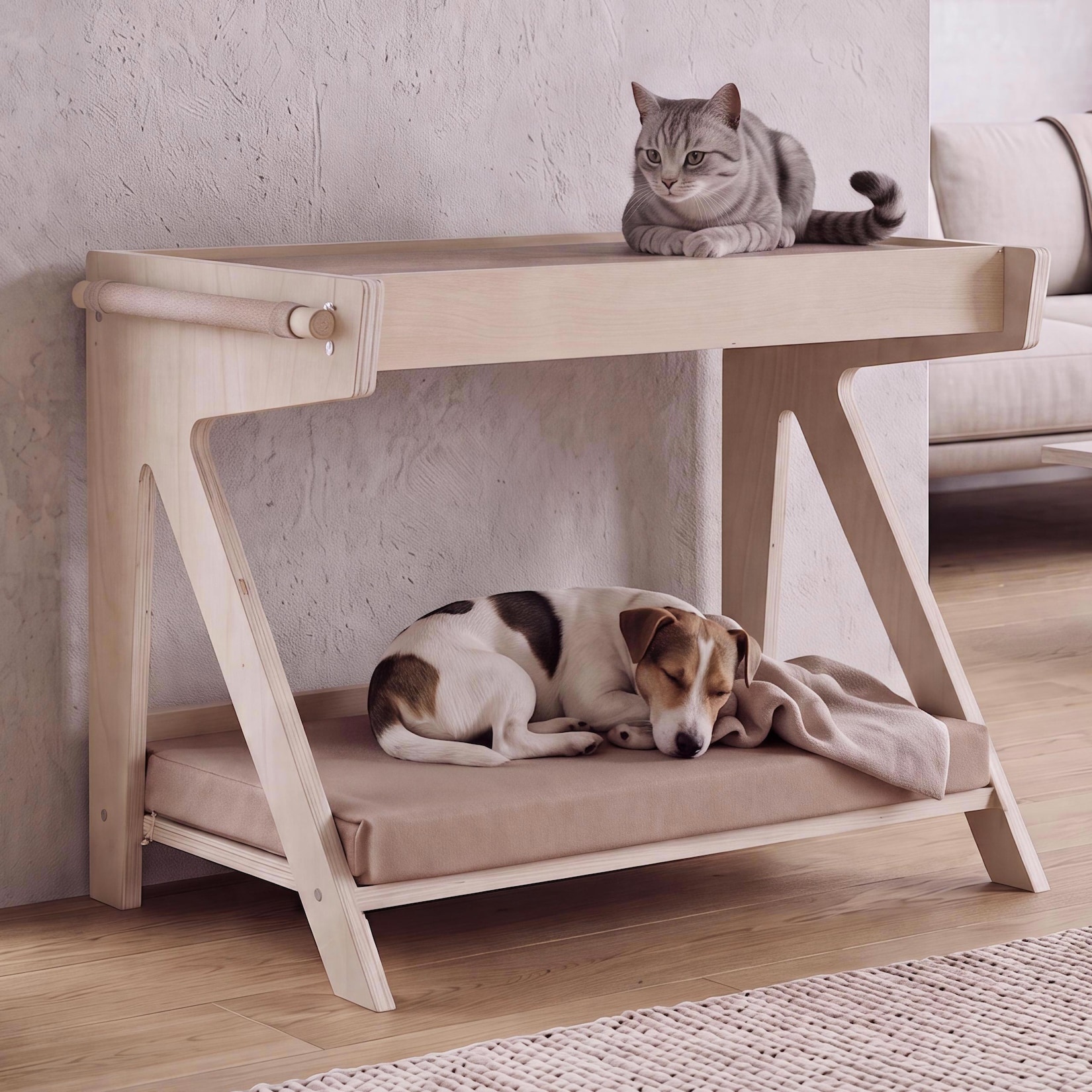 Tierbett MCW-Q63, für Haustiere Tierhaus Katzen-/Hundebett Haustierliege, Holz MVG 45x61x38cm ~ natur, Kissen beige