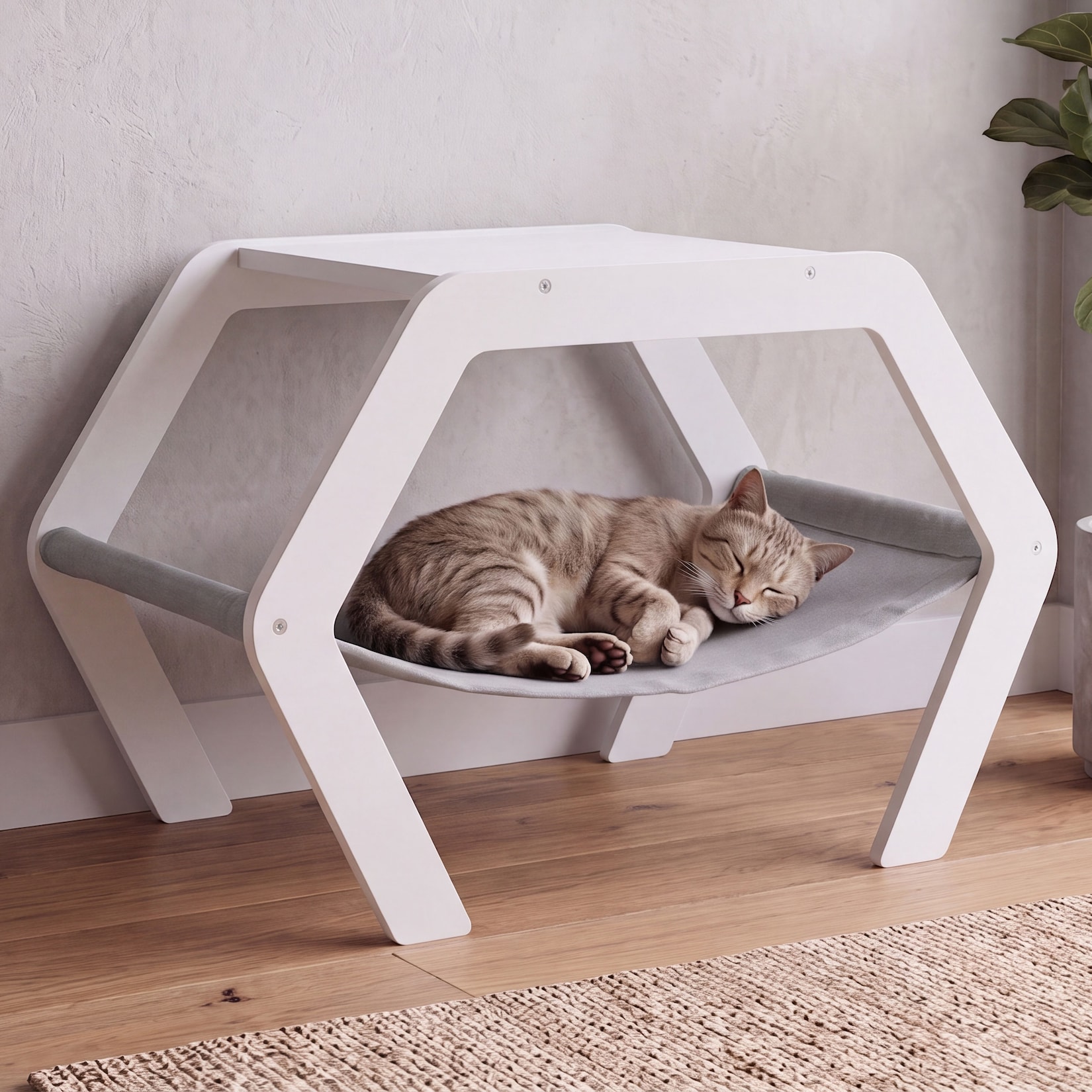 Katzenbett MCW-Q60, Plattform Haustierliege Katzenmöbel Ablage, Holz MVG 41x59x39cm ~ weiß, Hängematte grau