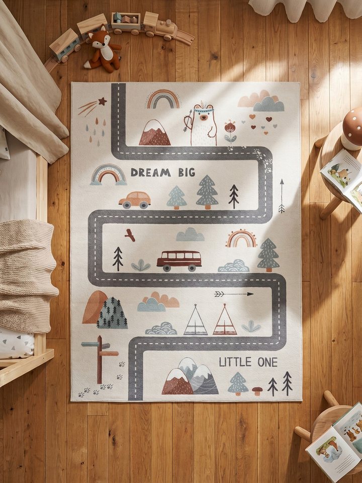Kinderteppich Straßenkarte Abenteuer Creme 80x150 cm Waschbar
