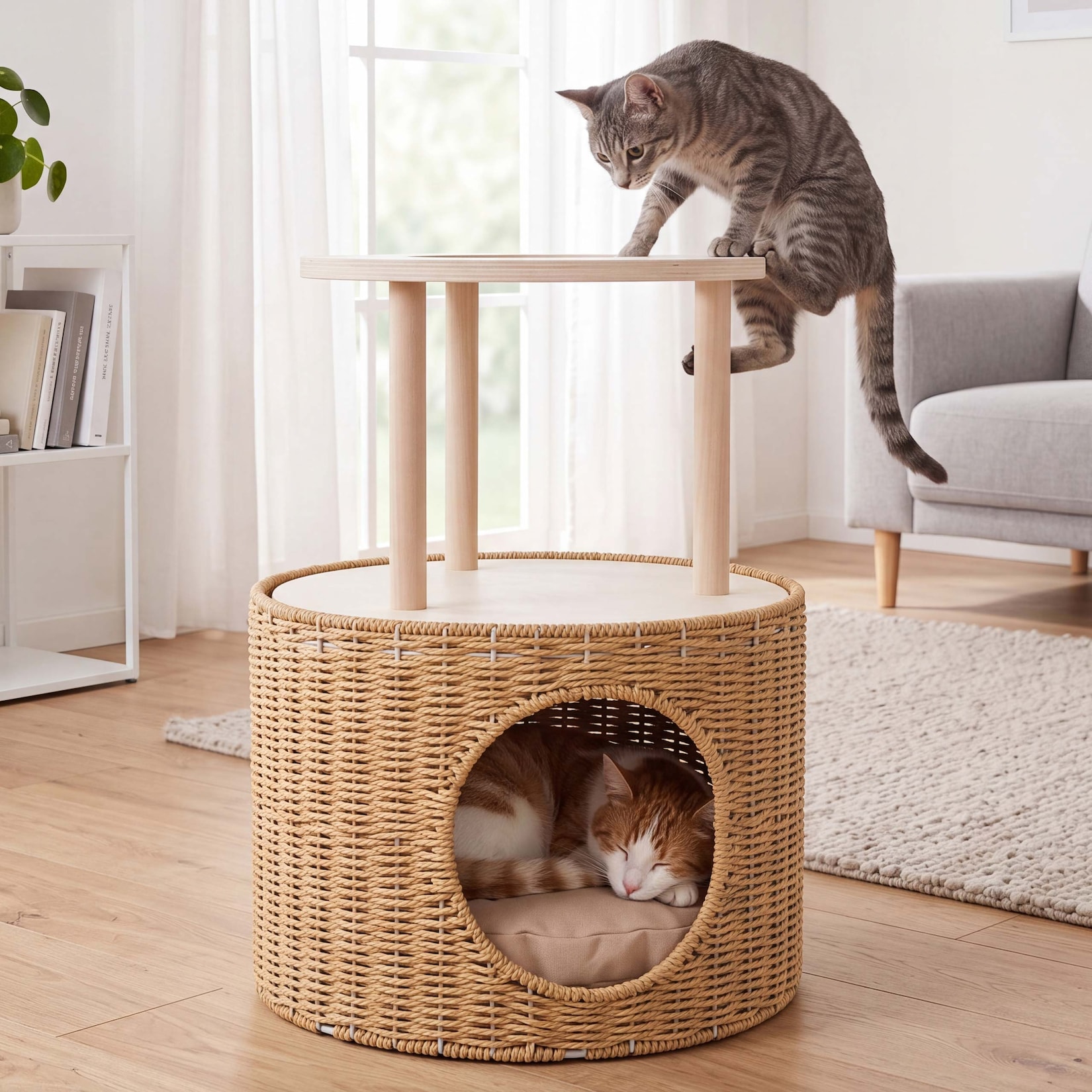 Katzenbett MCW-Q59, Katzenhöhle mit Kletterbereich Plattform Katzenkorb/-möbel Holz MVG 50x39x39cm ~ natur, Kissen beige