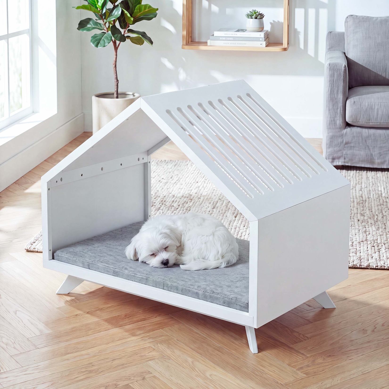 Schlafhütte MCW-Q65, für Haustiere Katzen-/Hundebett Tierhaus Holz MVG 80x100x60cm ~ weiß, Kissen grau