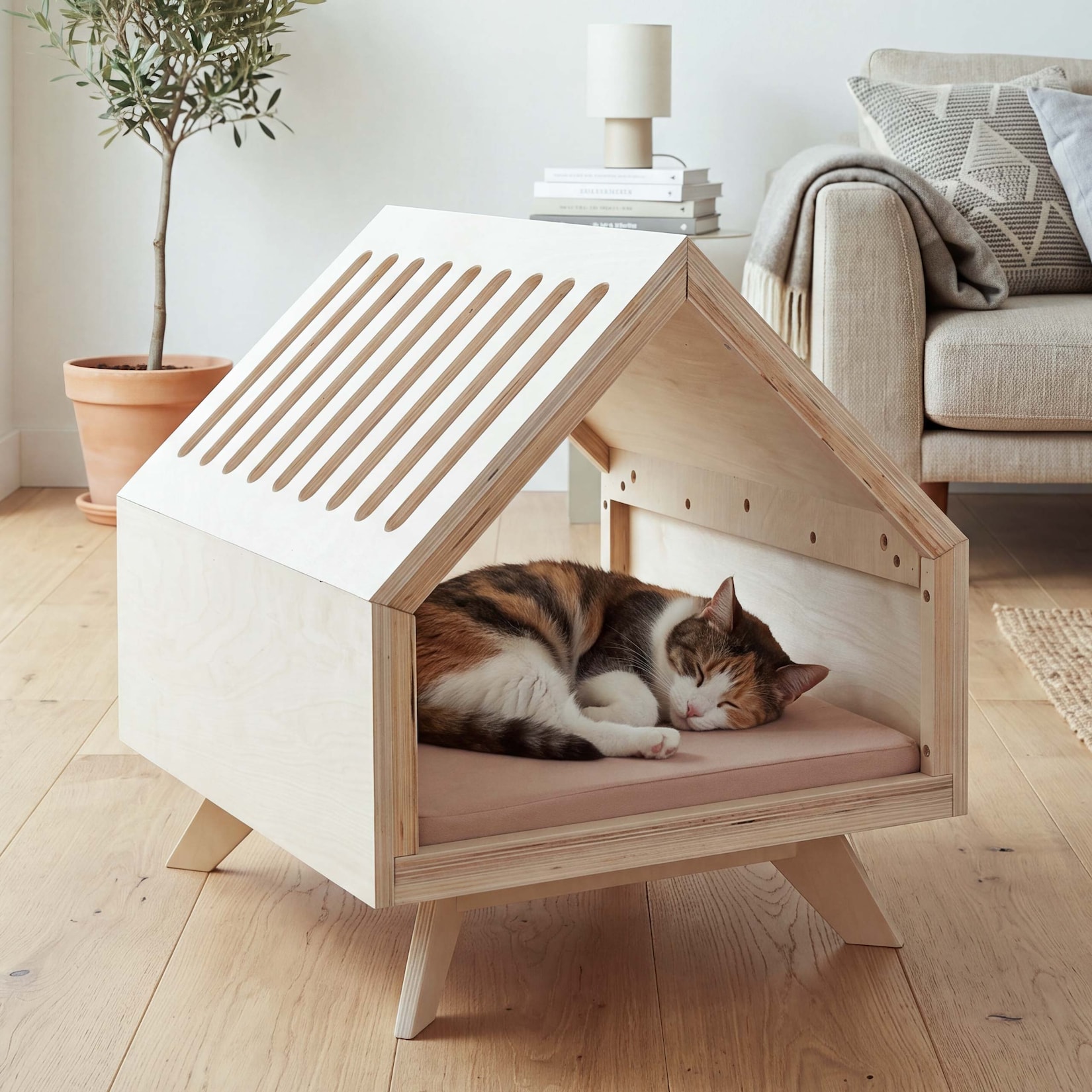Schlafhütte MCW-Q65, für Haustiere Katzen-/Hundebett Tierhaus Holz MVG 58x50x60cm ~ natur, Kissen beige