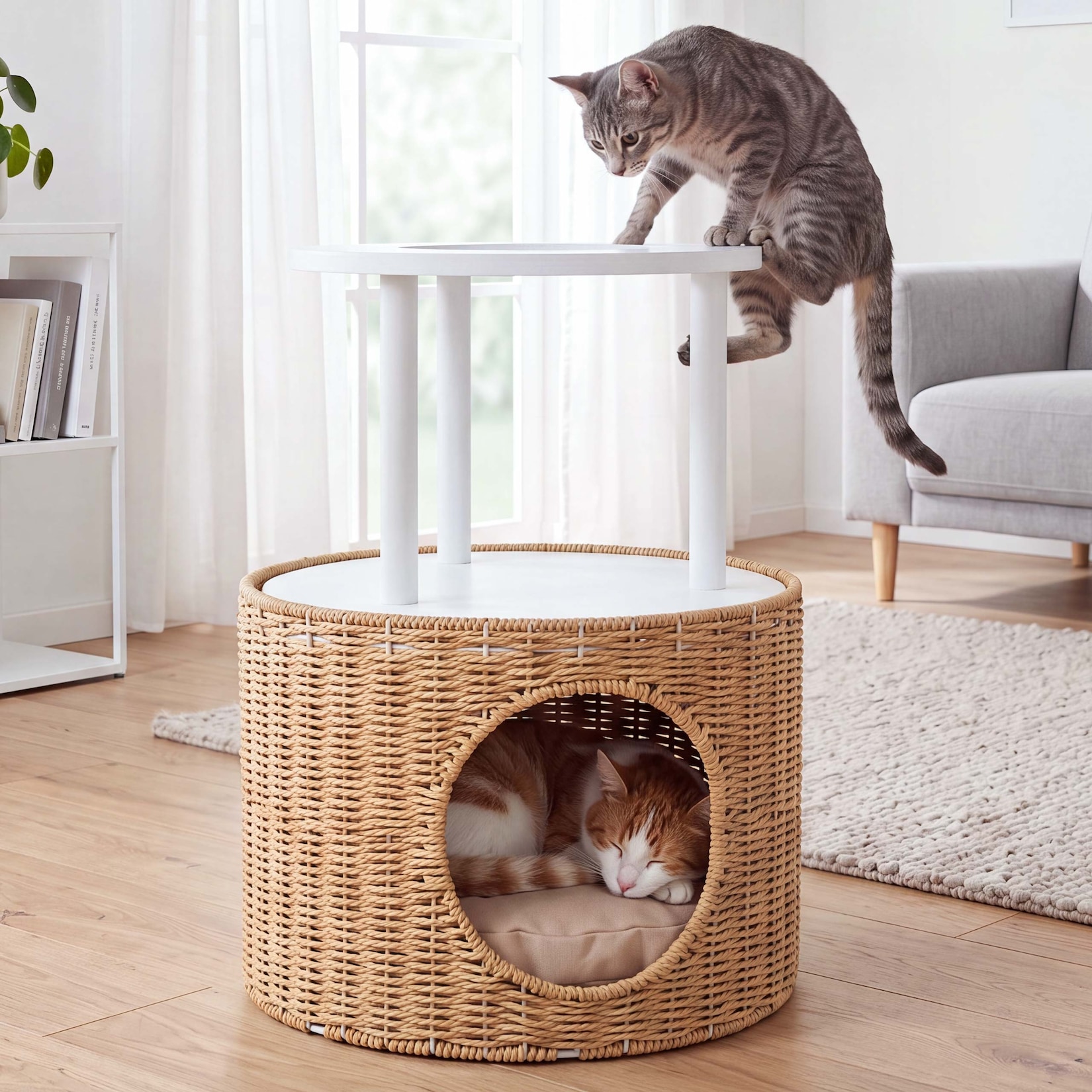 Katzenbett MCW-Q59, Katzenhöhle mit Kletterbereich Plattform Katzenkorb/-Möbel Holz MVG 50x39x39cm ~ weiß, Kissen beige