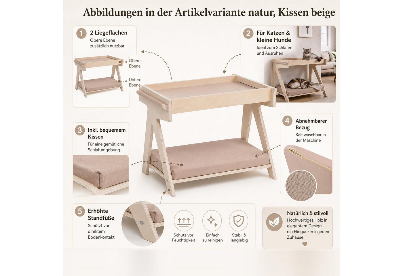 Tierbett MCW-Q63, für Haustiere Tierhaus Katzen-/Hundebett Haustierliege Holz MVG 45x61x38cm ~ weiß, Kissen grau