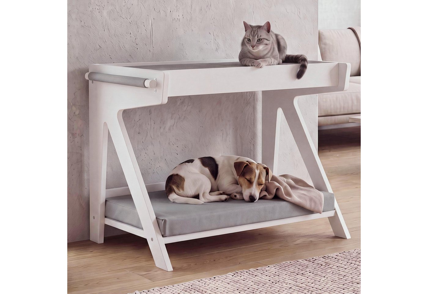 Tierbett MCW-Q63, für Haustiere Tierhaus Katzen-/Hundebett Haustierliege Holz MVG 45x61x38cm ~ weiß, Kissen grau Bild 2
