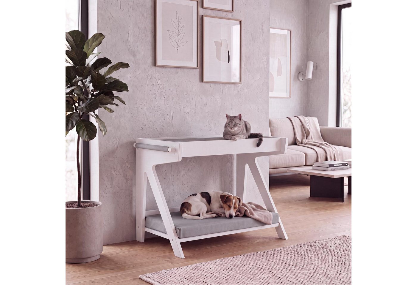 Tierbett MCW-Q63, für Haustiere Tierhaus Katzen-/Hundebett Haustierliege Holz MVG 45x61x38cm ~ weiß, Kissen grau Bild 5