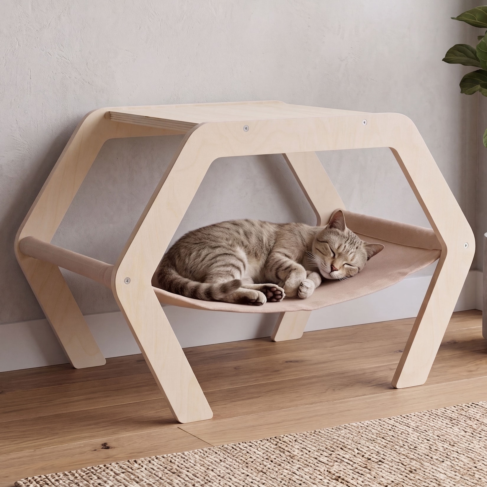 Katzenbett MCW-Q60, Plattform Haustierliege Katzenmöbel Ablage, Holz MVG 41x59x39cm ~ natur, Hängematte beige