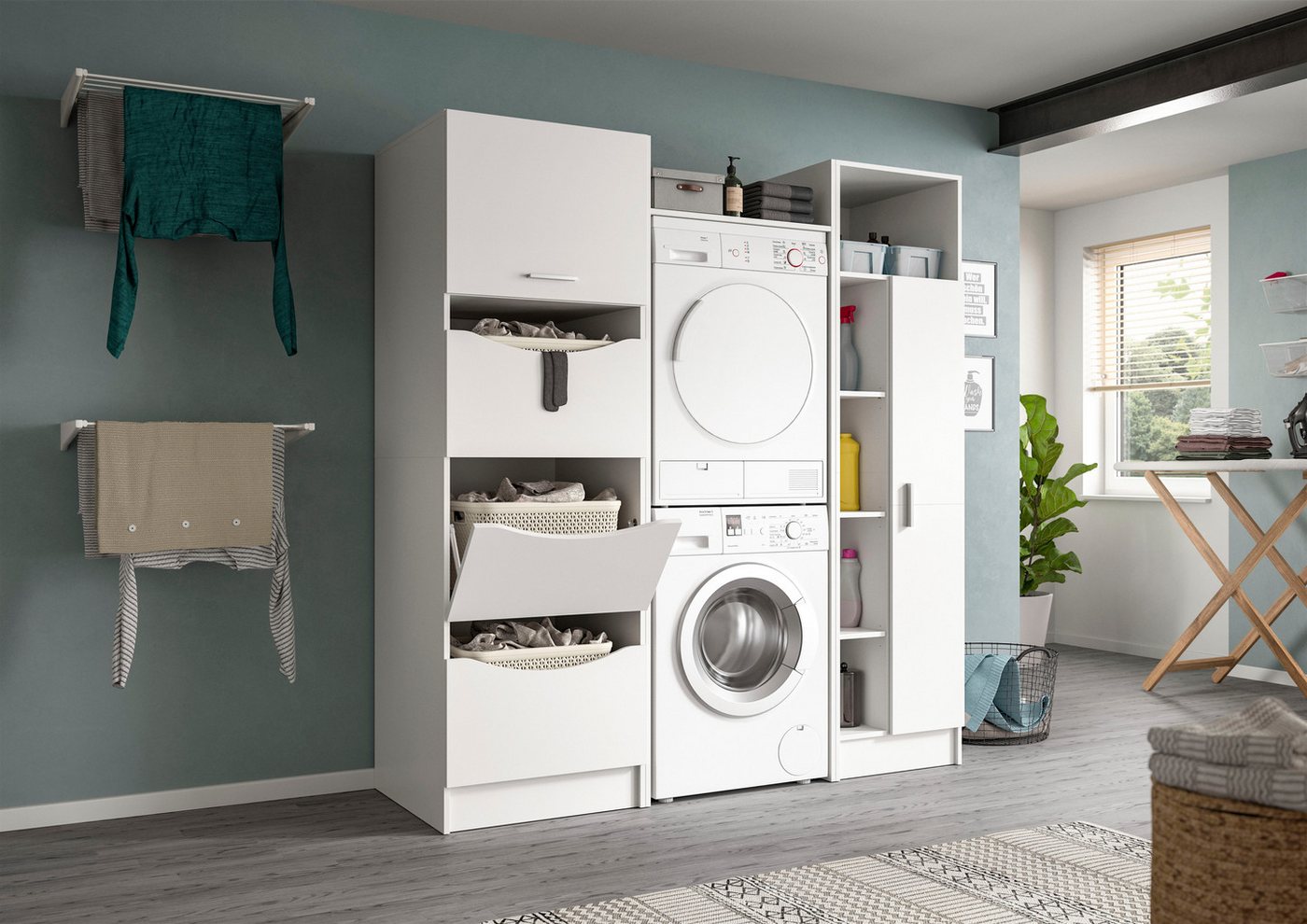 welltime Badmöbel-Set FALAS, 3-teilig, Hauswirtschaftsraum Set, Breite 176 cm, (Set, 3-St., 1x Wäscheschrank, 1x Waschmaschinenumbauschrank, 1x Mehrzweckschrank), Kombination, Waschmaschinenumbau, Waschmaschinenschrank, Wäschekammer Bild 5