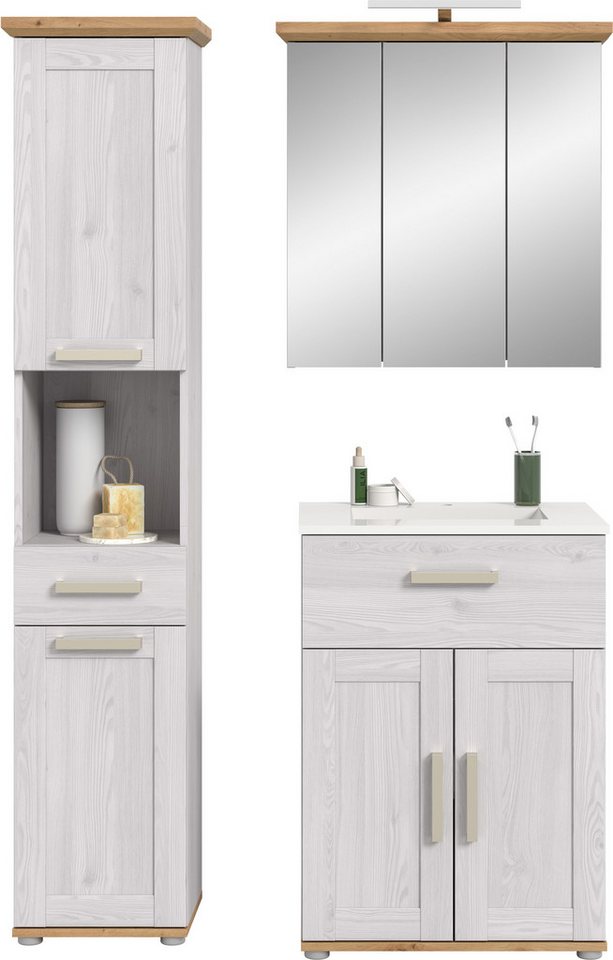 welltime Badmöbel-Set COSENZA, 3-teilig, inkl. Beleuchtung, mit farblich abgesetztem Kranz, (4-St., best.aus: Hochschrank, Waschtisch inkl. Waschbecken & Spiegelschrank), Bad-Kombination, Badezimmer, Kombi, Bad, Bad-Möbel
