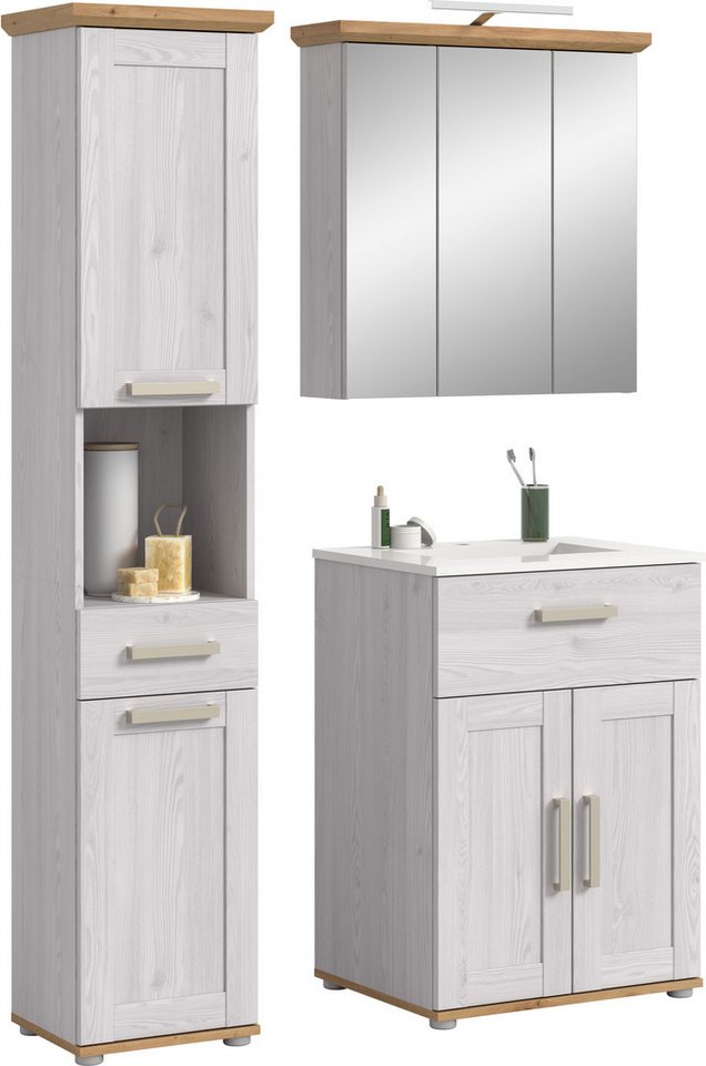 welltime Badmöbel-Set COSENZA, 3-teilig, inkl. Beleuchtung, mit farblich abgesetztem Kranz, (4-St., best.aus: Hochschrank, Waschtisch inkl. Waschbecken & Spiegelschrank), Bad-Kombination, Badezimmer, Kombi, Bad, Bad-Möbel Bild 2