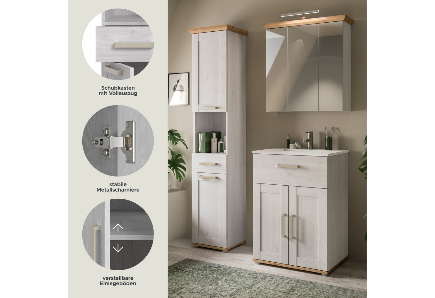 welltime Badmöbel-Set COSENZA, 3-teilig, inkl. Beleuchtung, mit farblich abgesetztem Kranz, (4-St., best.aus: Hochschrank, Waschtisch inkl. Waschbecken & Spiegelschrank), Bad-Kombination, Badezimmer, Kombi, Bad, Bad-Möbel Bild 3