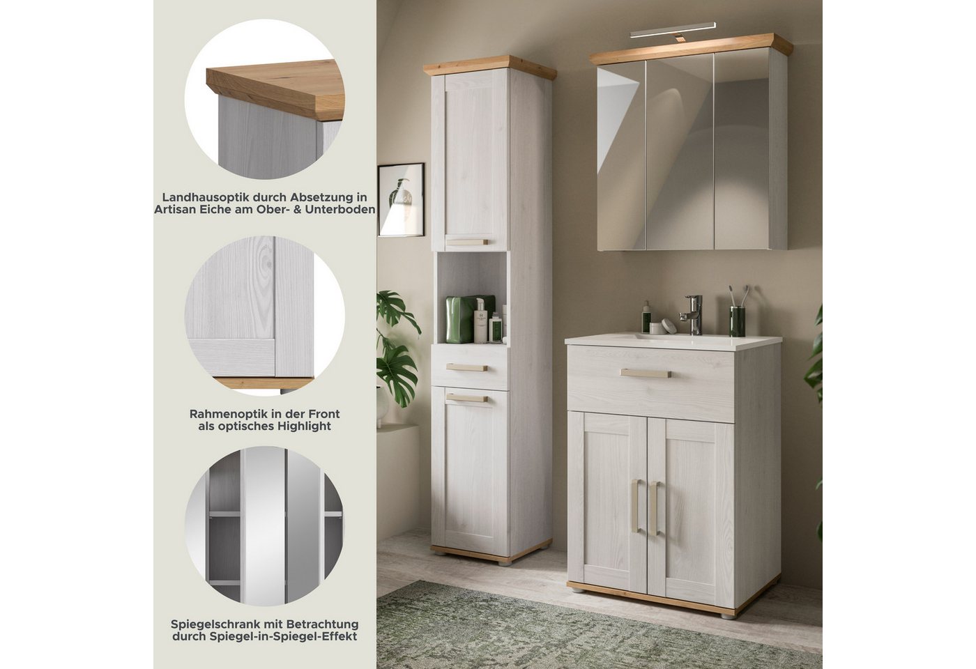 welltime Badmöbel-Set COSENZA, 3-teilig, inkl. Beleuchtung, mit farblich abgesetztem Kranz, (4-St., best.aus: Hochschrank, Waschtisch inkl. Waschbecken & Spiegelschrank), Bad-Kombination, Badezimmer, Kombi, Bad, Bad-Möbel Bild 4