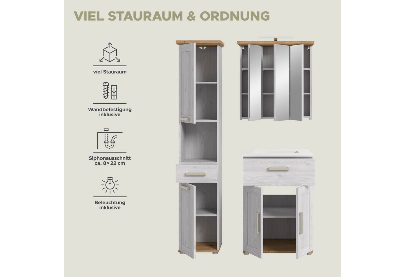 welltime Badmöbel-Set COSENZA, 3-teilig, inkl. Beleuchtung, mit farblich abgesetztem Kranz, (4-St., best.aus: Hochschrank, Waschtisch inkl. Waschbecken & Spiegelschrank), Bad-Kombination, Badezimmer, Kombi, Bad, Bad-Möbel Bild 5