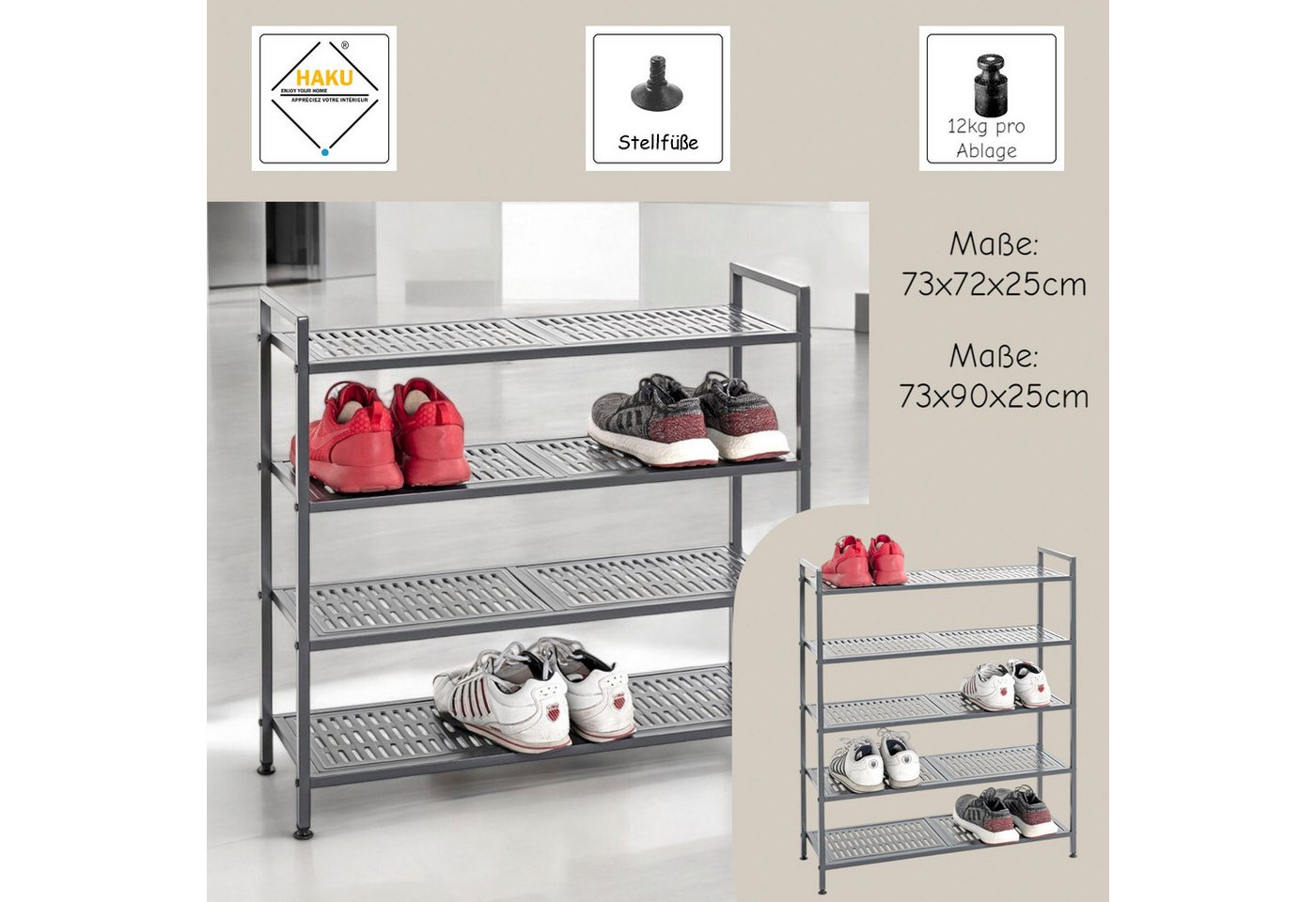HAKU Schuhregal Schuhaufbewahrung, 1-tlg., rechteckig - aus Metall Anthrazit - B/T/H 73/25/90 cm Bild 3