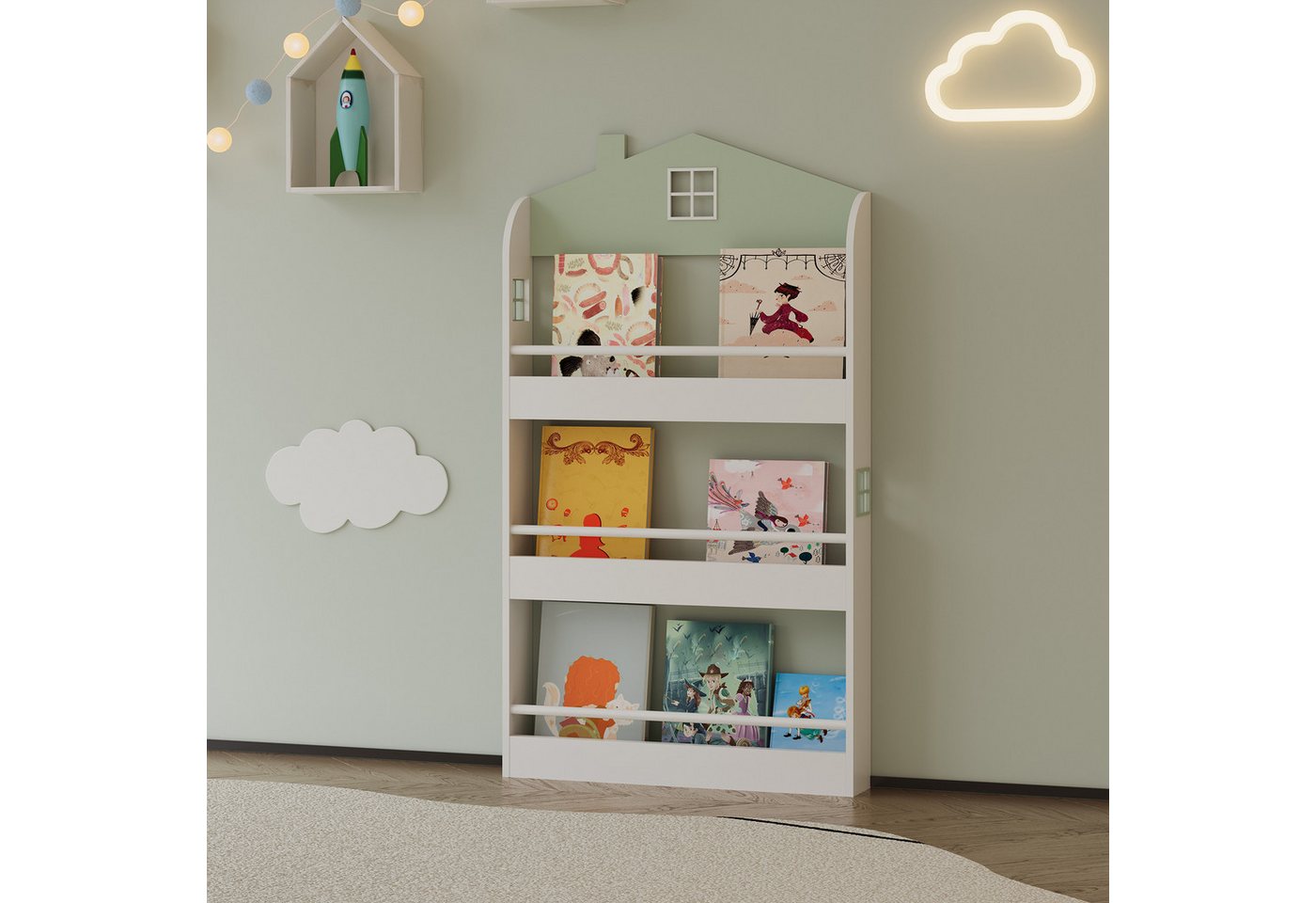 en.casa Kinderregal, »Vipsali« in Hausdesign 106 x 60 x 12 cm Mintgrün / Weiß