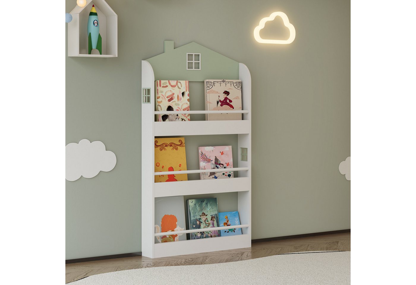 en.casa Kinderregal, »Vipsali« in Hausdesign 106 x 60 x 12 cm Mintgrün / Weiß Bild 4