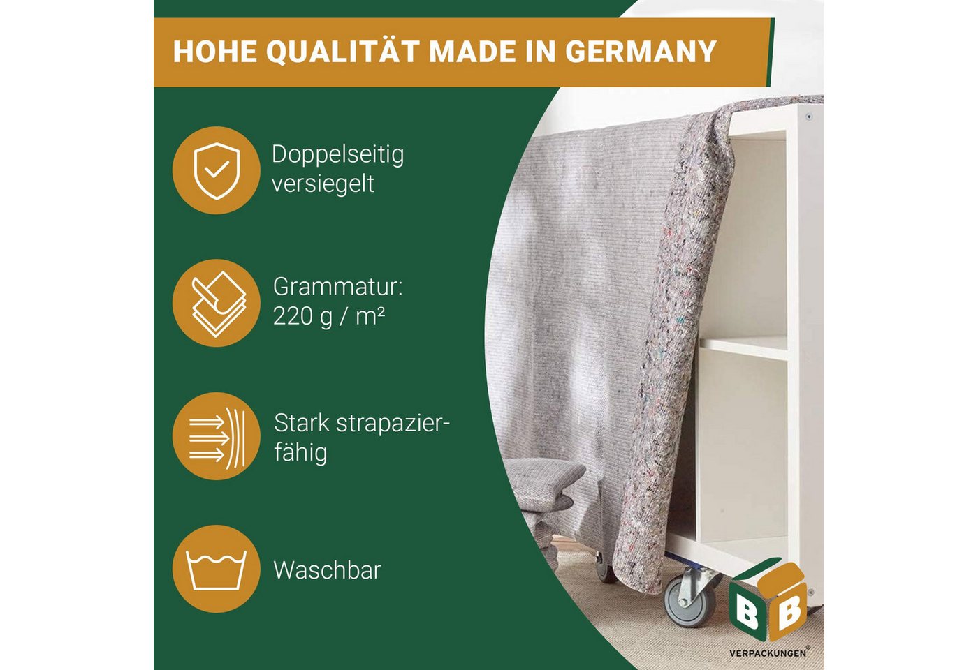 BB-Verpackungen Malervlies Packdecken Umzugsdecken, (5-St), 1,40 x 2,10 m, strapazierfähig, langlebige Möbeldecken Bild 4