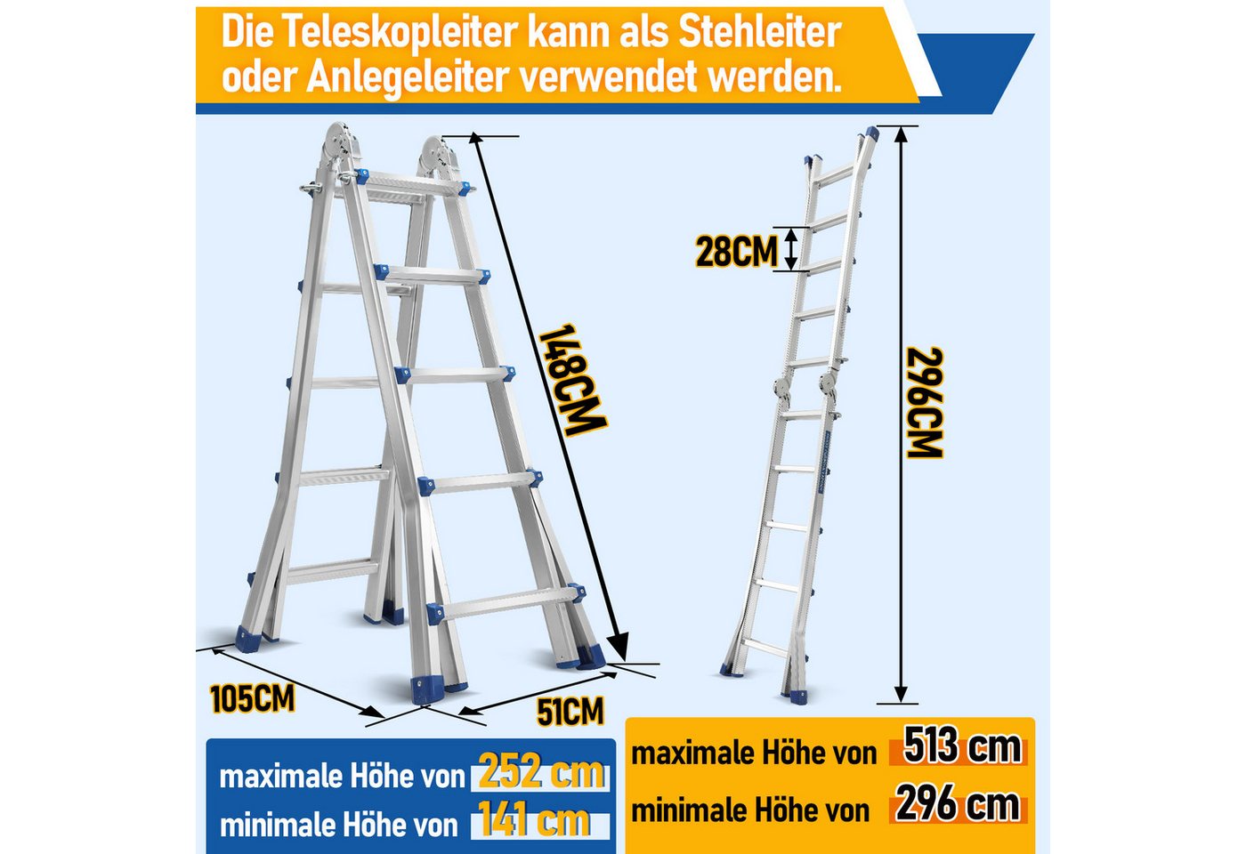 Clanmacy Vielzweckleiter Mehrzweckleiter Multifunktionsleiter 4x4 Alu Teleskopleiter 513cm Bild 5