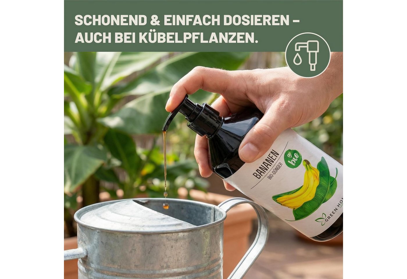GREEN HOME LOVE NATURE Pflanzendünger Bio-Dünger flüssig NPK 3+2+6 für Bananen & Tropenpflanzen, Bananen, 100 % bio, organisch-mineralisch, extra Kalium, Dosierpumpe Bild 3