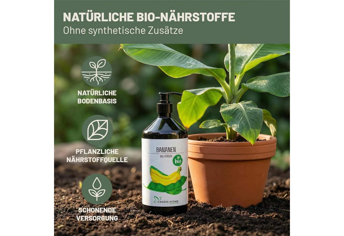 GREEN HOME LOVE NATURE Pflanzendünger Bio-Dünger flüssig NPK 3+2+6 für Bananen & Tropenpflanzen, Bananen, 100 % bio, organisch-mineralisch, extra Kalium, Dosierpumpe Bild 5