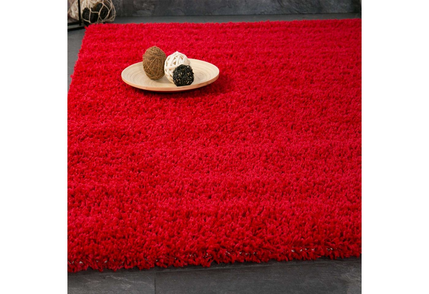 Vimoda Teppich Shaggy, Hochflor-Teppich Wohnzimmer in Rot, Rund, Höhe: 30 mm, Langflor, Läufer, Einfarbig, Schlafzimmer, Kinderzimmer, klassisch