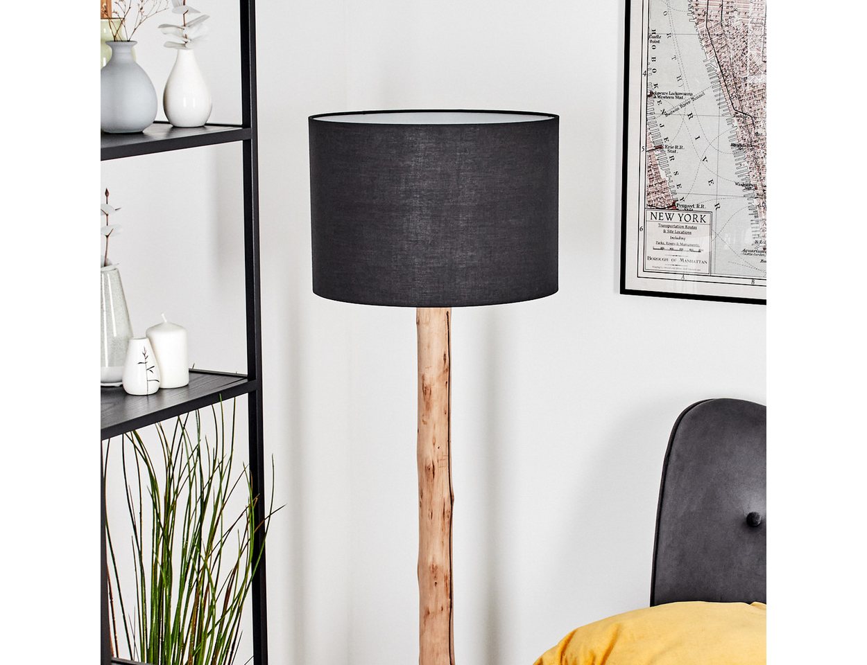 hofstein Stehlampe Stehlampe aus Holz/Metall mit Schirm aus Stoff in Schwarz/Weiß, ohne Leuchtmittel, Stehleuchte im modernen Boho-Design (40 cm), Höhe 147 cm, E27