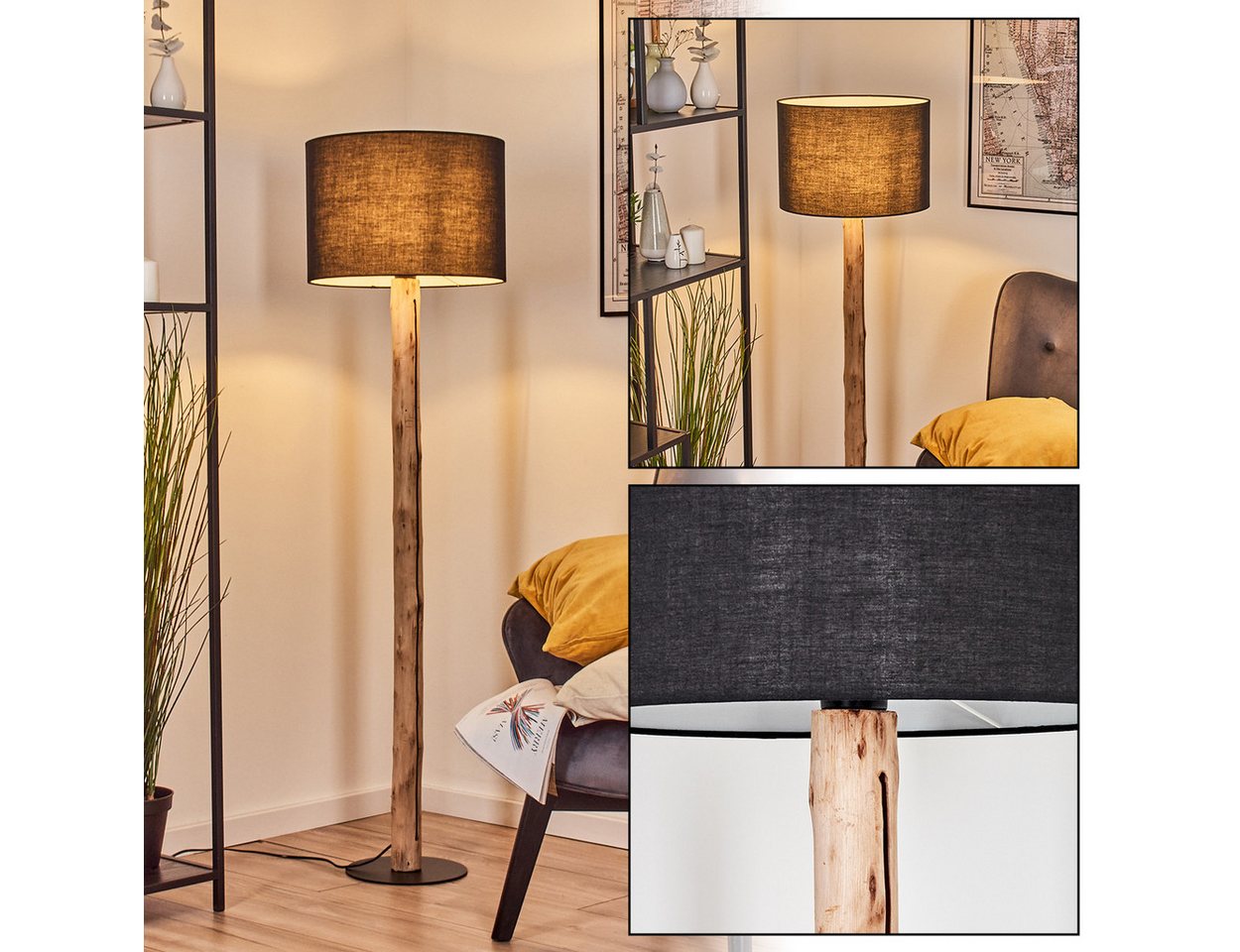 hofstein Stehlampe Stehlampe aus Holz/Metall mit Schirm aus Stoff in Schwarz/Weiß, ohne Leuchtmittel, Stehleuchte im modernen Boho-Design (40 cm), Höhe 147 cm, E27 Bild 2