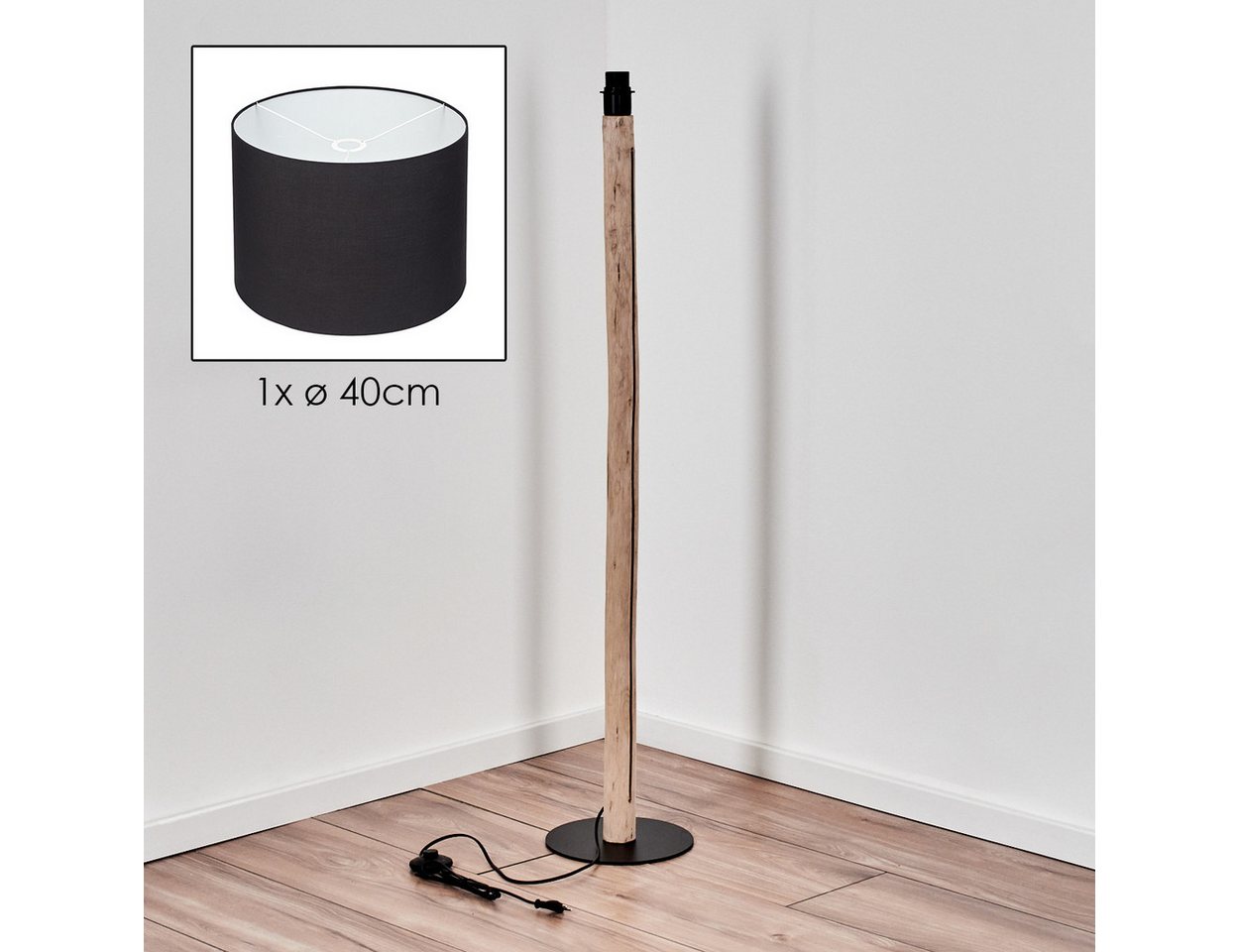 hofstein Stehlampe Stehlampe aus Holz/Metall mit Schirm aus Stoff in Schwarz/Weiß, ohne Leuchtmittel, Stehleuchte im modernen Boho-Design (40 cm), Höhe 147 cm, E27 Bild 3